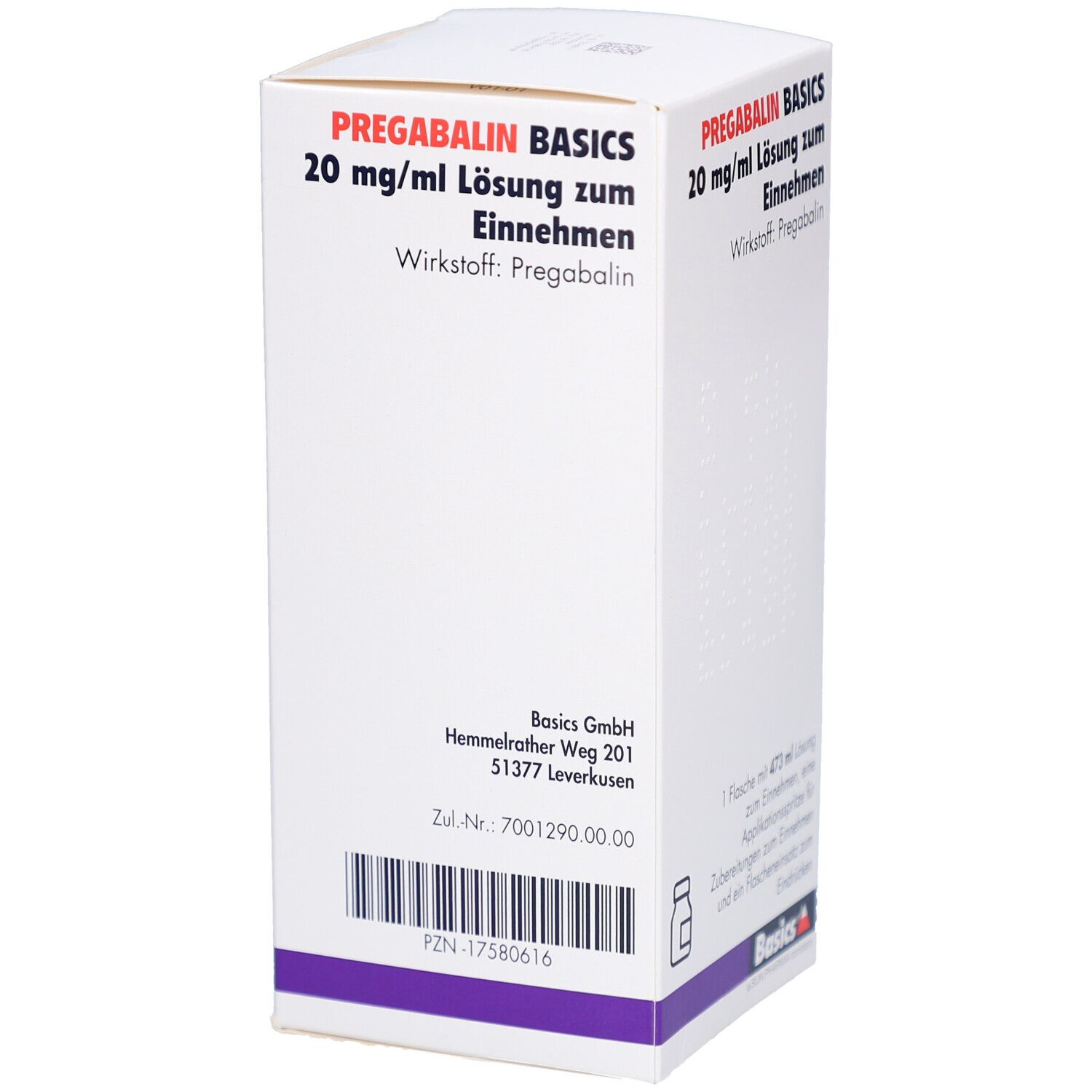Verpackung von PREGABALIN BASICS 20 mg/ml Lösung zum Einnehmen. Herstellerinformationen und Zulassungsnummer.