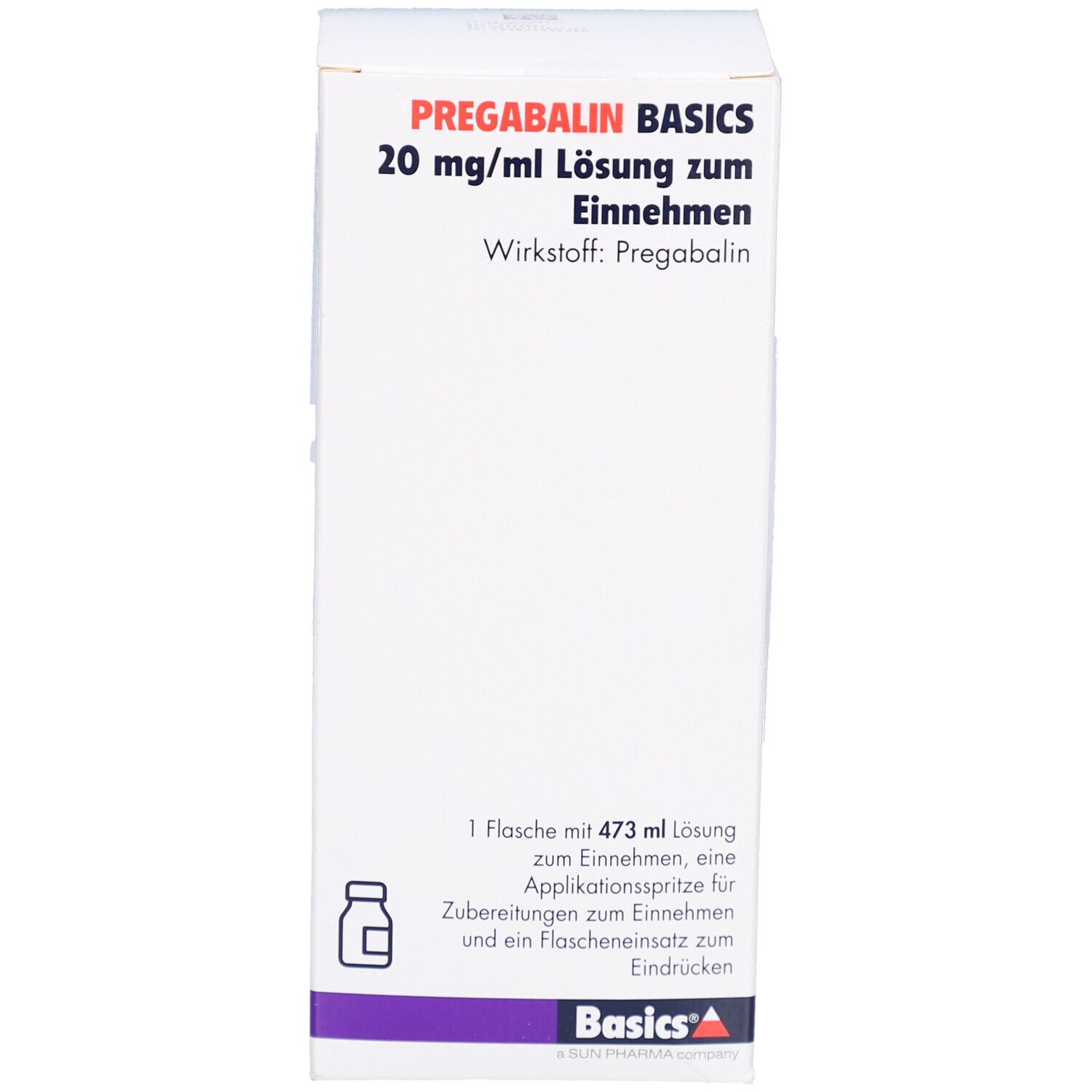 Verpackung von PREGABALIN BASICS 20 mg/ml Lösung zum Einnehmen. Enthält eine Flasche, Applikationsspritze und Flascheneinsatz.