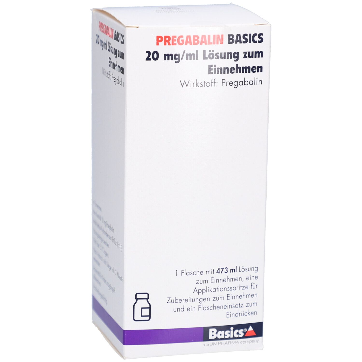 Verpackung von PREGABALIN BASICS 20 mg/ml Lösung zum Einnehmen. Enthält eine Flasche, Applikationsspritze und Flascheneinsatz.