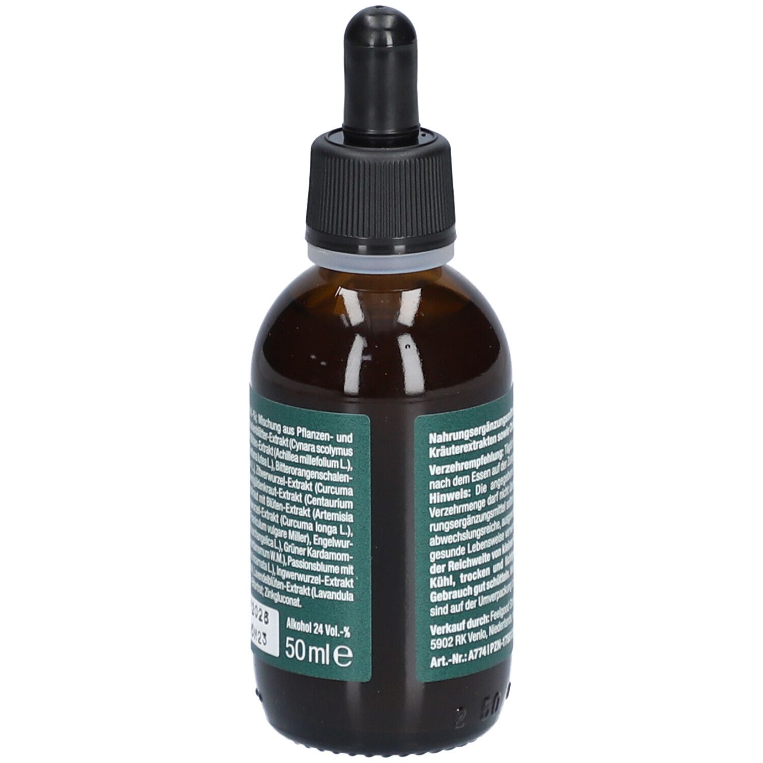 Braune Glasflasche mit schwarzem Deckel und Pipette. Grüne Etiketten mit Produktnamen und Logo.