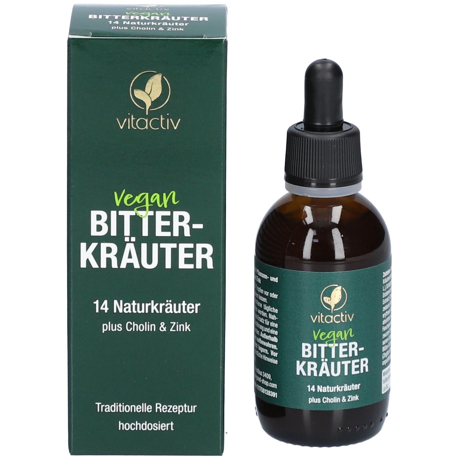 Produktverpackung mit Text und Logo. Enthält eine Flasche mit Tropfer. Grüne Etiketten.