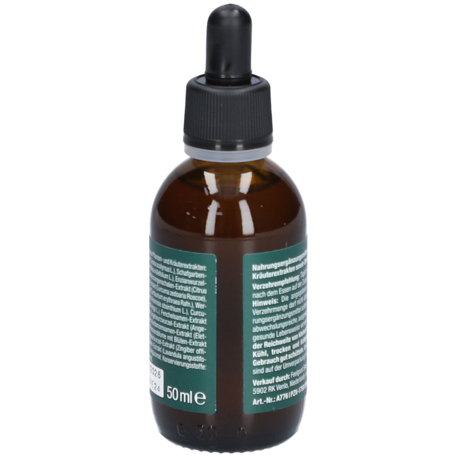 Braune Glasflasche mit Tropfer. Aufschrift: Vitactiv Vegan Bitterkräuter, 14 Naturkräuter plus Cholin & Zink.