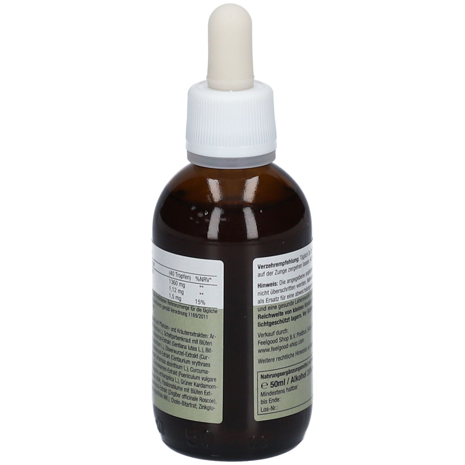 Braune Glasflasche mit Pipette. Aufschrift: pure ella. Kräutertropfen. Vegan. Nährwertdeklaration.