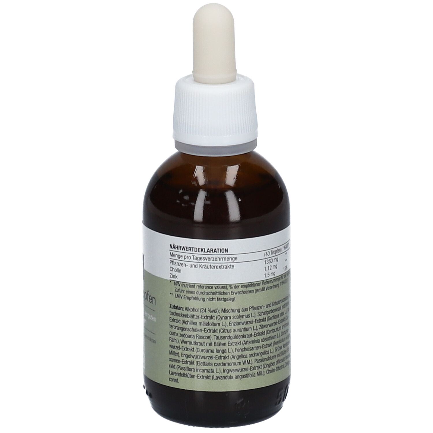 Braune Glasflasche mit Pipette. Aufschrift: pure ella. Kräutertropfen. Vegan. Nährwertdeklaration.