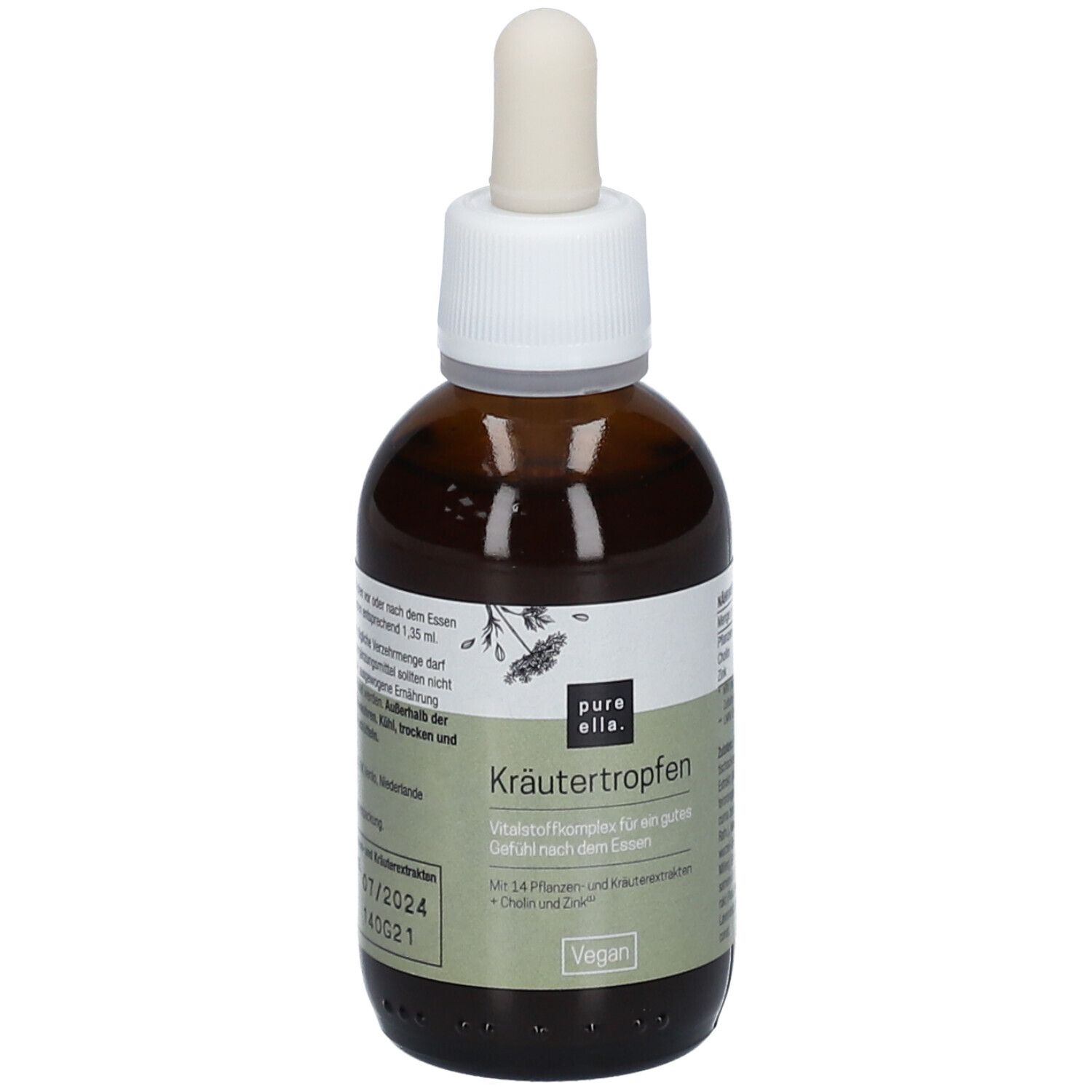 Braune Glasflasche mit Pipette. Aufschrift: pure ella. Kräutertropfen. Vegan. Haltbarkeitsdatum.