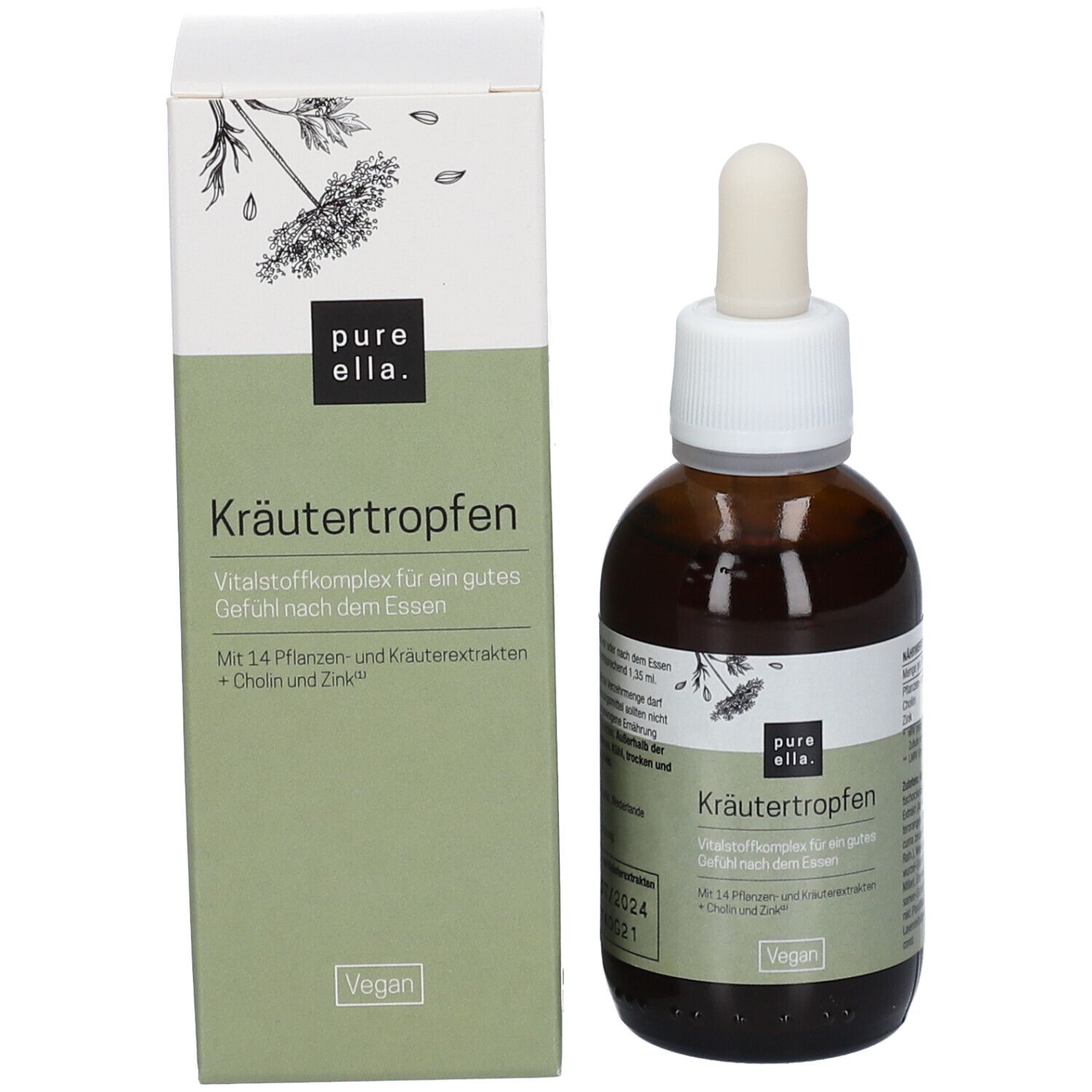 Braune Glasflasche mit Pipette und Karton. Aufschrift: pure ella. Kräutertropfen. Vegan.