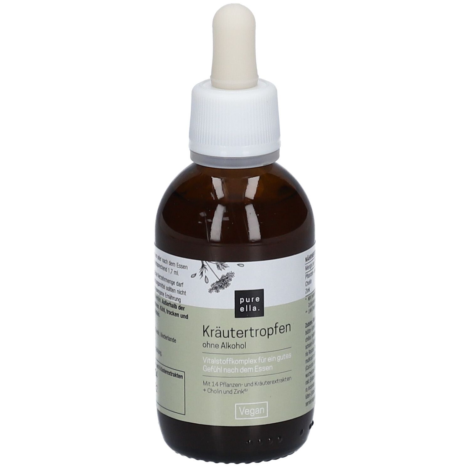 Braune Flasche mit Pipette. Aufschrift: Kräutertropfen ohne Alkohol. Vegan. Etikett mit Text.