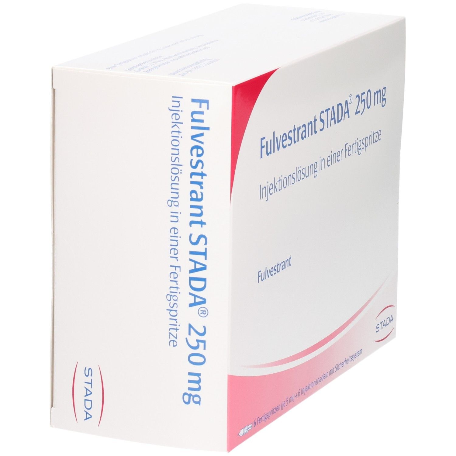 Fulvestrant STADA 250 mg Injektionslösung in einer Fertigspritze. Seitenansicht der Verpackung mit Produktinformationen und STADA Logo.