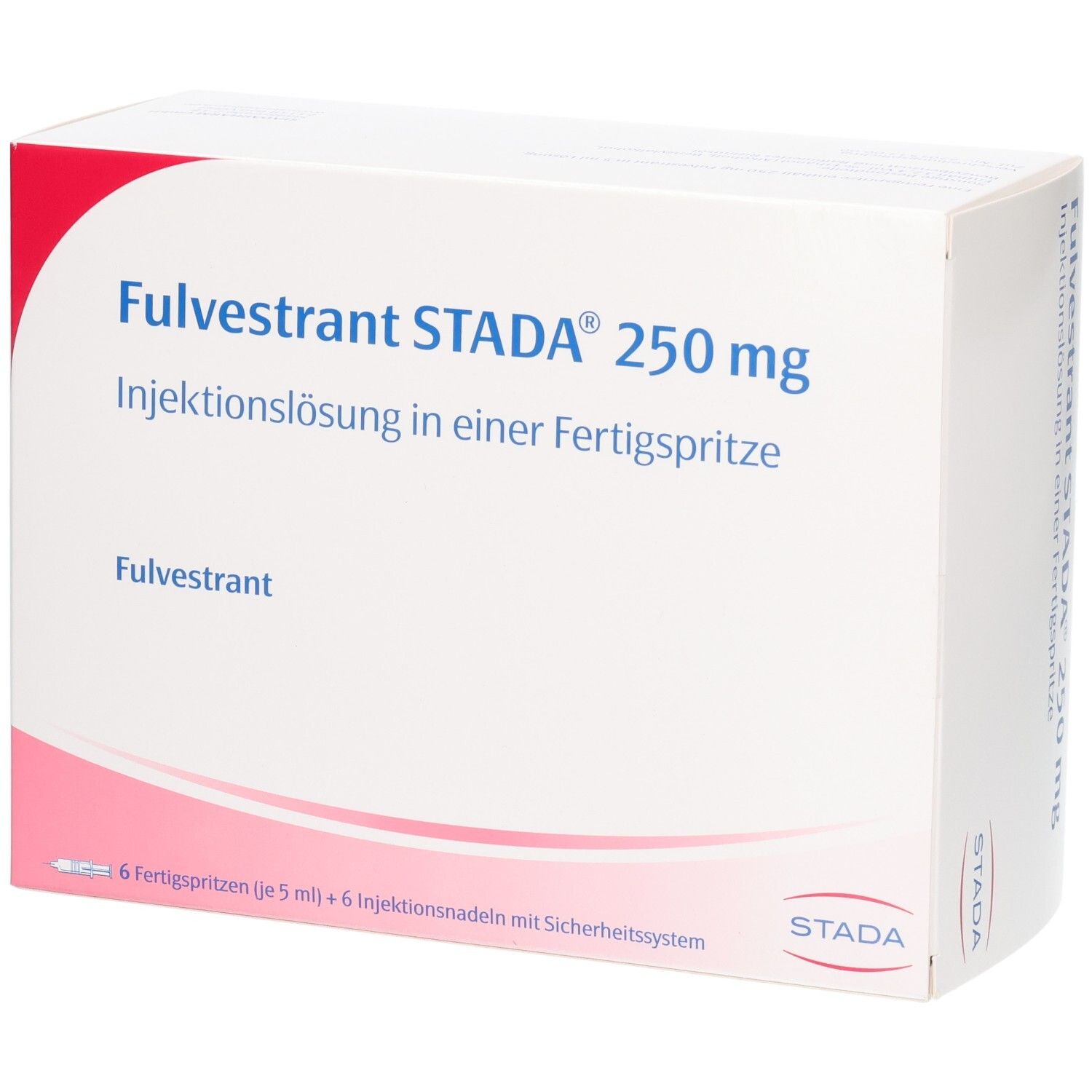 Fulvestrant STADA 250 mg Injektionslösung in einer Fertigspritze. Vorderansicht der Verpackung mit Produktinformationen und STADA Logo.