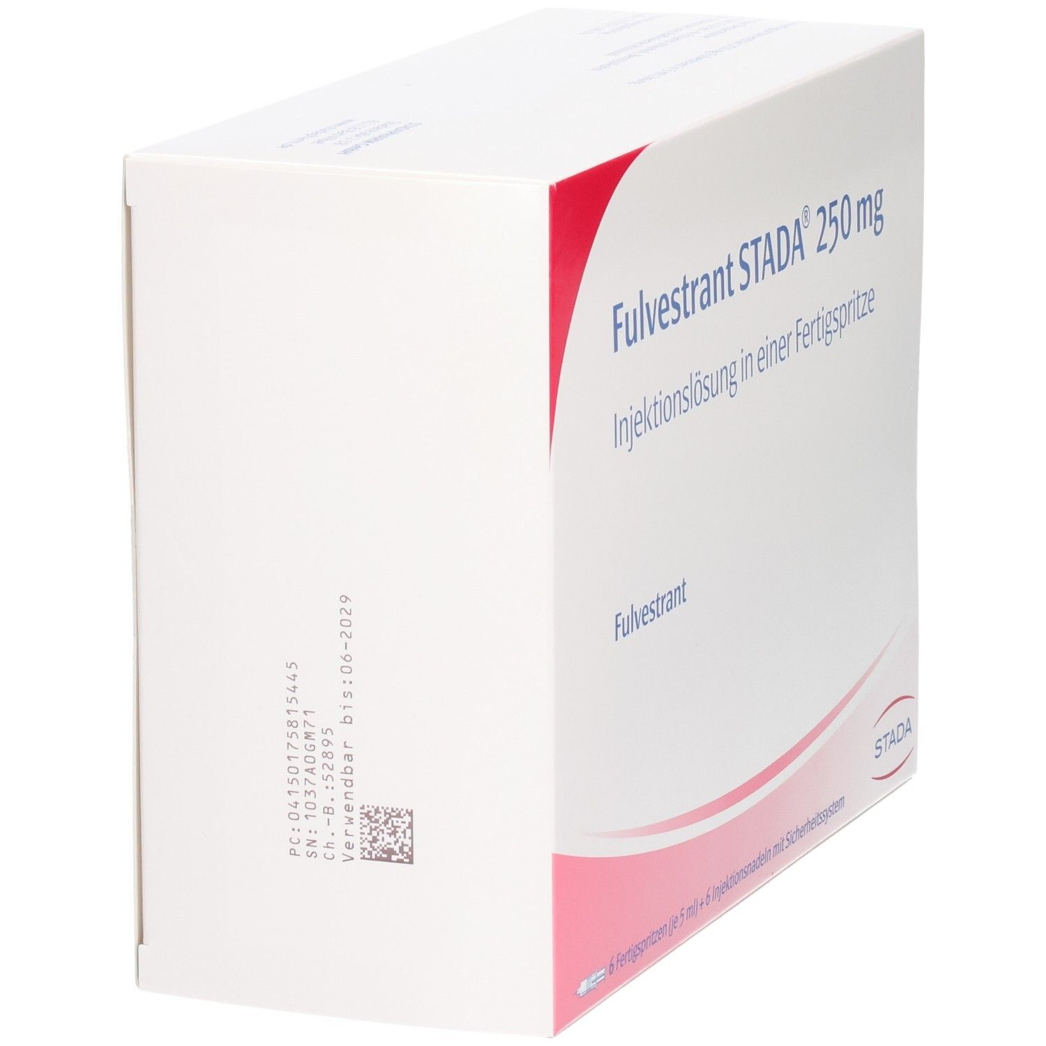 Fulvestrant STADA 250 mg Injektionslösung in einer Fertigspritze. Seitenansicht der Verpackung mit Barcode und Chargennummer.
