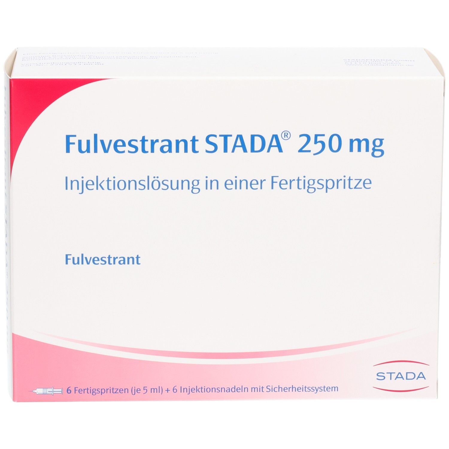 Fulvestrant STADA 250 mg Injektionslösung in einer Fertigspritze. Vorderansicht der Verpackung mit Produktinformationen und STADA Logo.