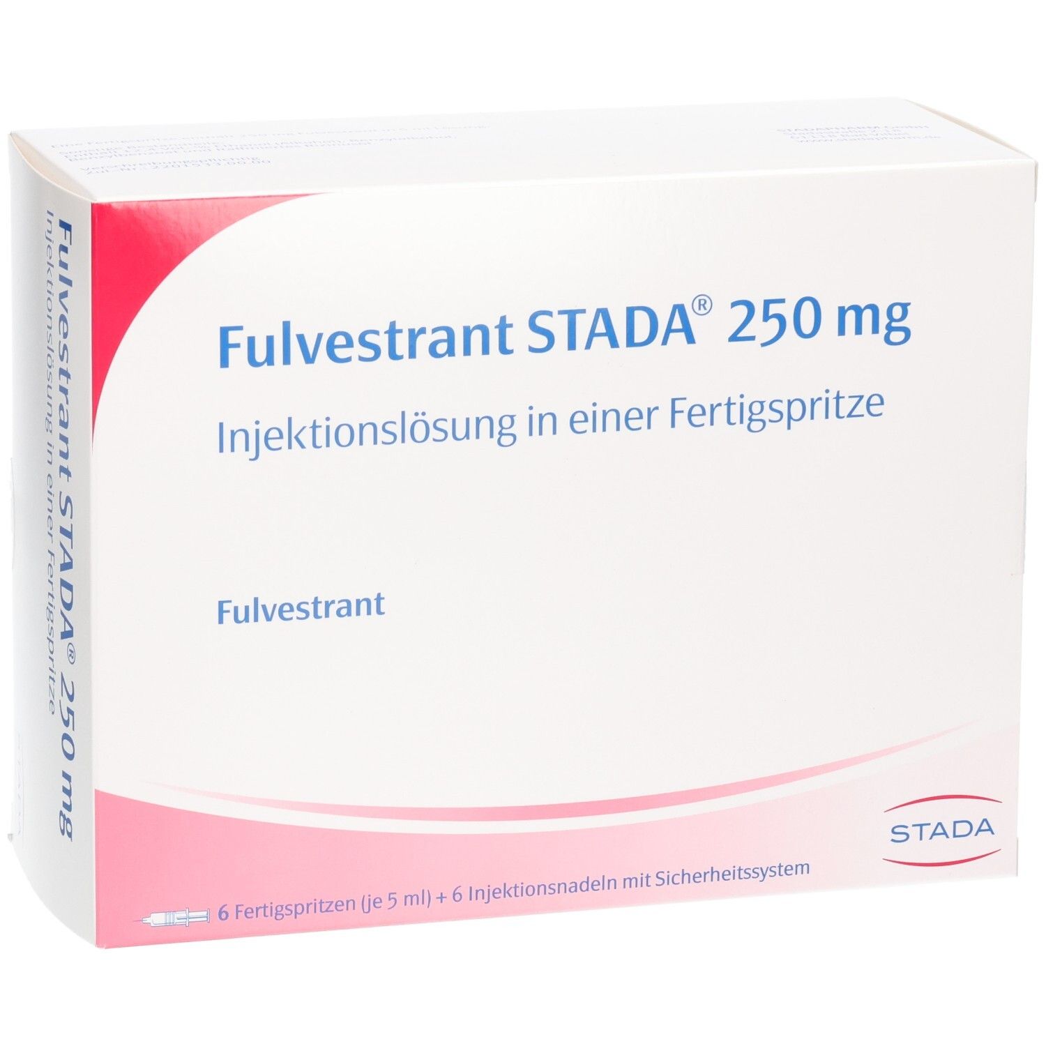 Fulvestrant STADA 250 mg Injektionslösung in einer Fertigspritze. Verpackung mit Produktinformationen, STADA Logo und seitlicher Beschriftung.