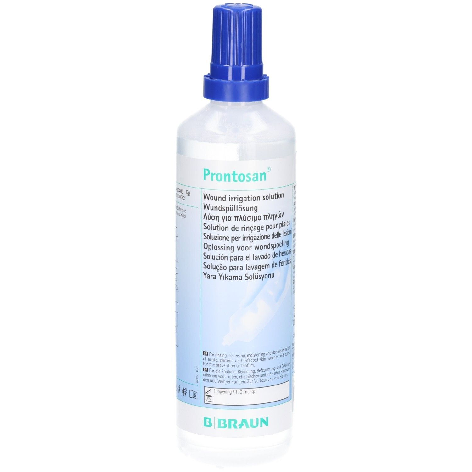 Klare Flüssigkeit in einer Flasche mit blauem Verschluss. Aufschrift: Prontosan® Wundspüllösung. Marke B. Braun.