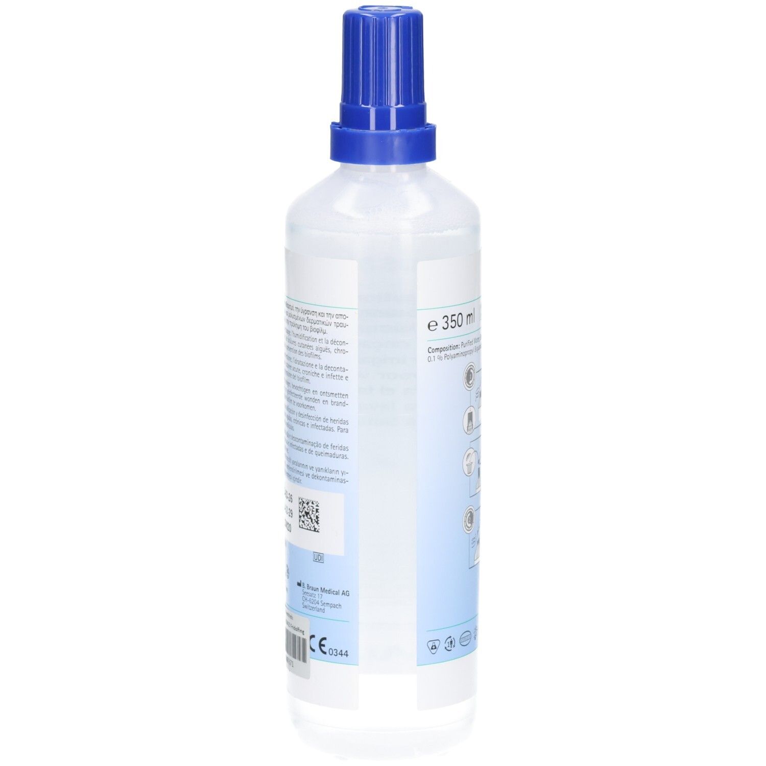 Rückseite der Flasche mit blauer Kappe. Enthält Informationen und Piktogramme. Marke B. Braun.