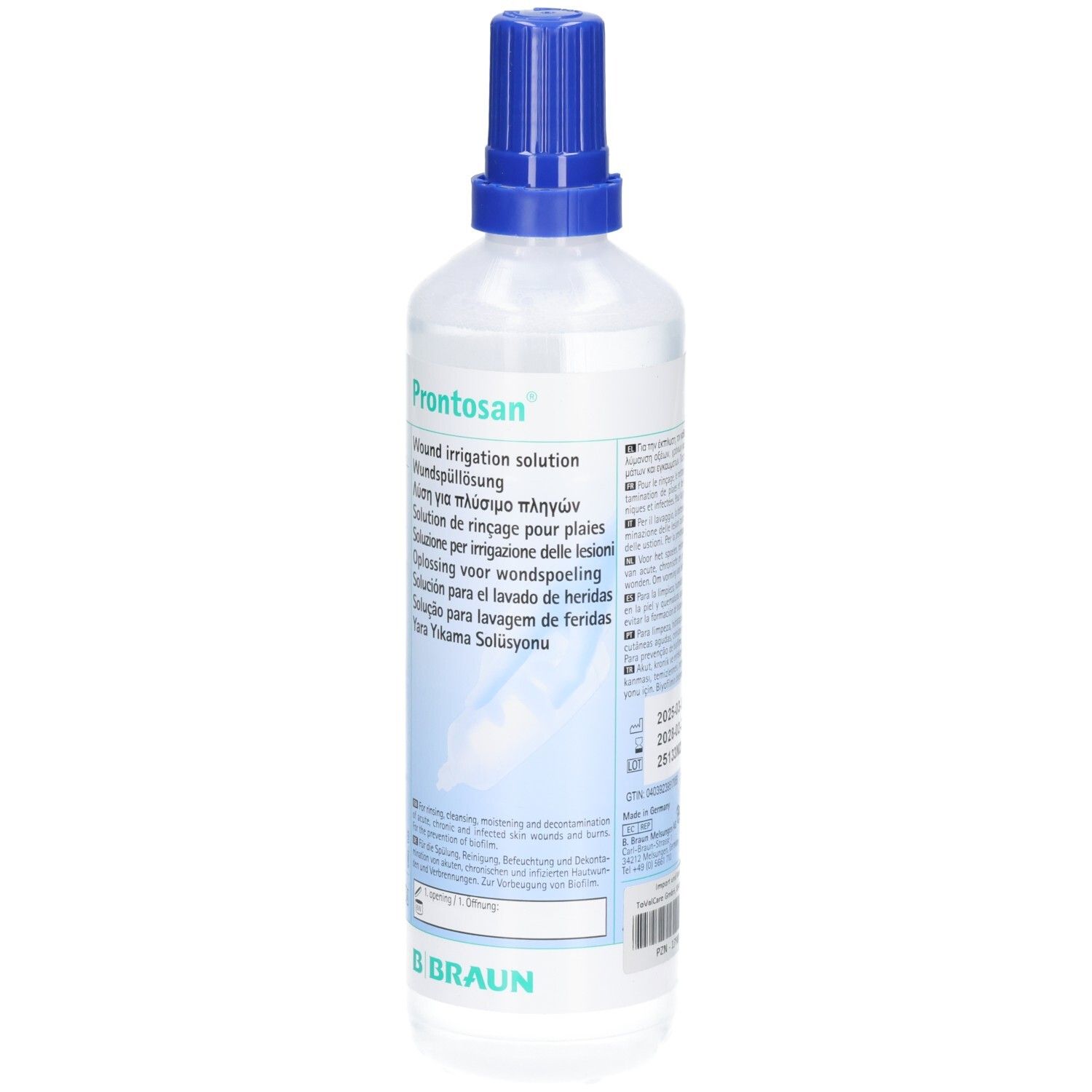 Klare Flüssigkeit in einer Flasche mit blauem Verschluss. Aufschrift: Prontosan® Wundspüllösung. Marke B. Braun.