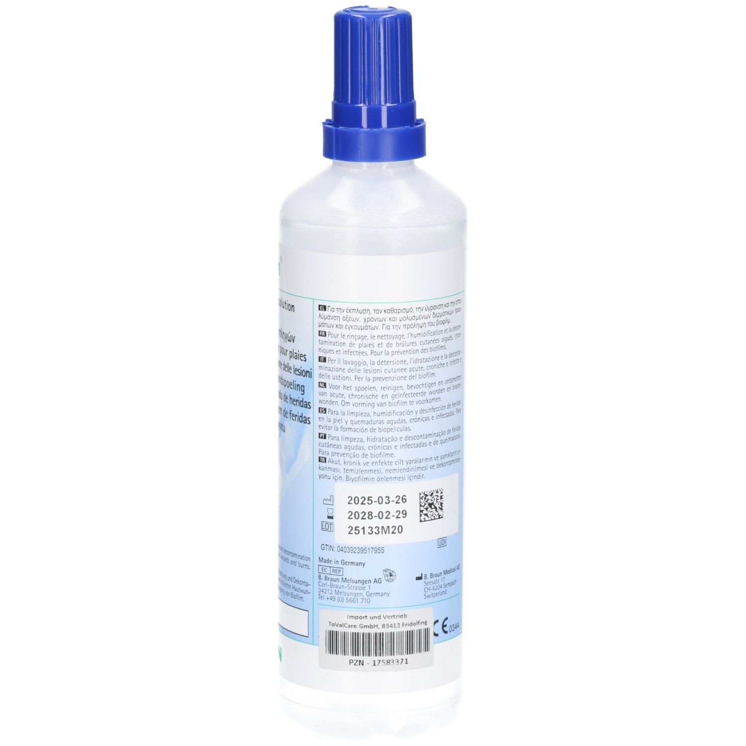 Rückseite der Flasche mit blauer Kappe. Enthält Informationen und Piktogramme. Verfallsdatum. Marke B. Braun.