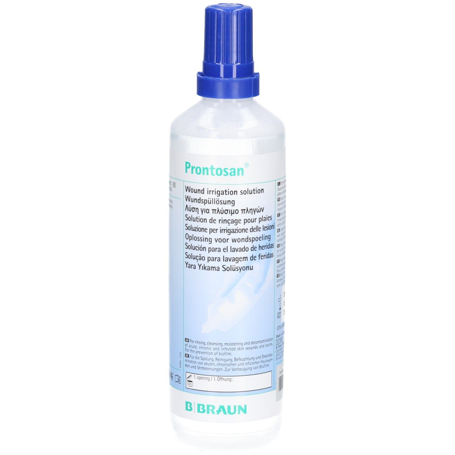 Klare Flüssigkeit in einer Flasche mit blauem Verschluss. Aufschrift: Prontosan® Wundspüllösung. Marke B. Braun.