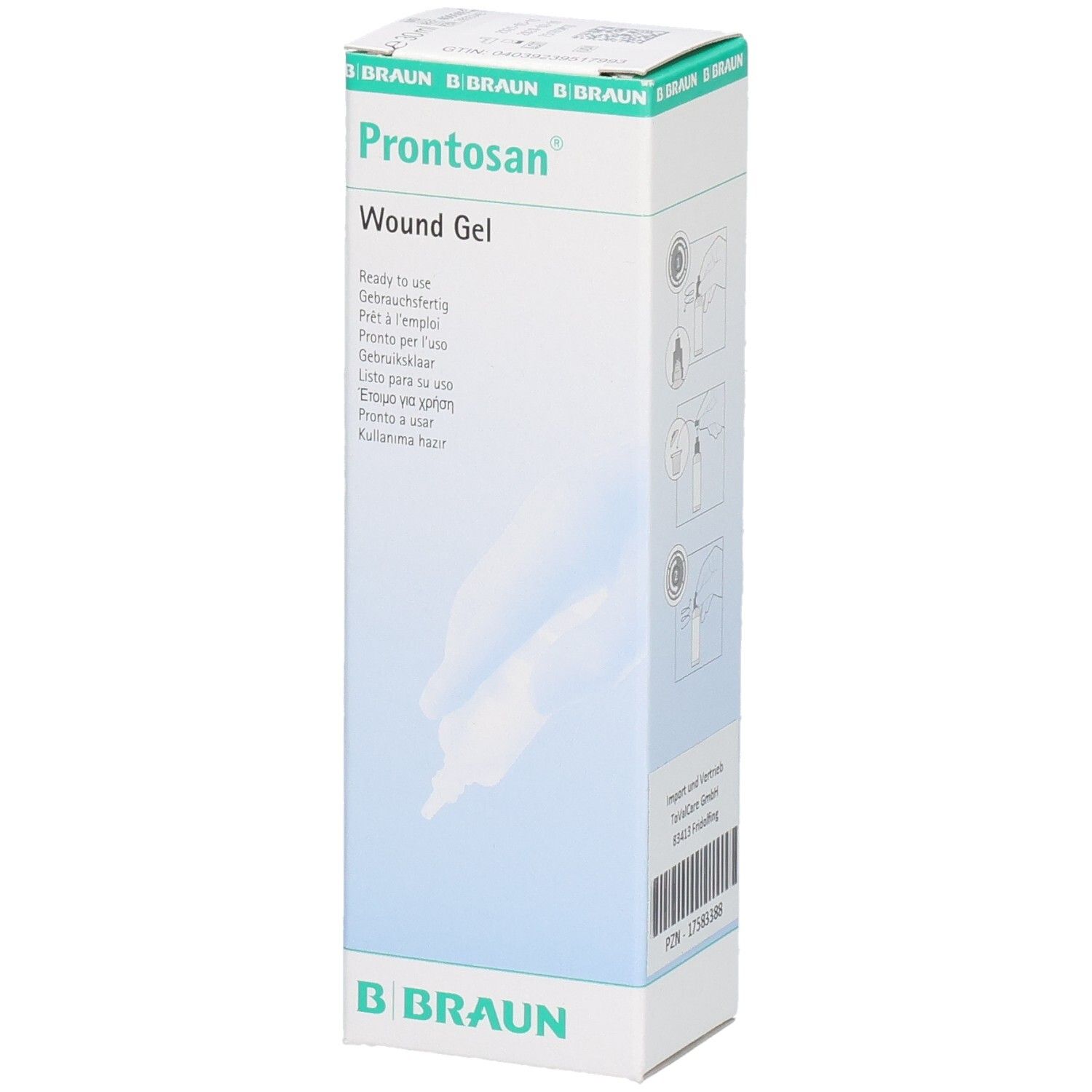Verpackung von PRONTOSAN Wundgel. Weißer Karton mit blauen Akzenten. Produktname und Marke deutlich sichtbar.