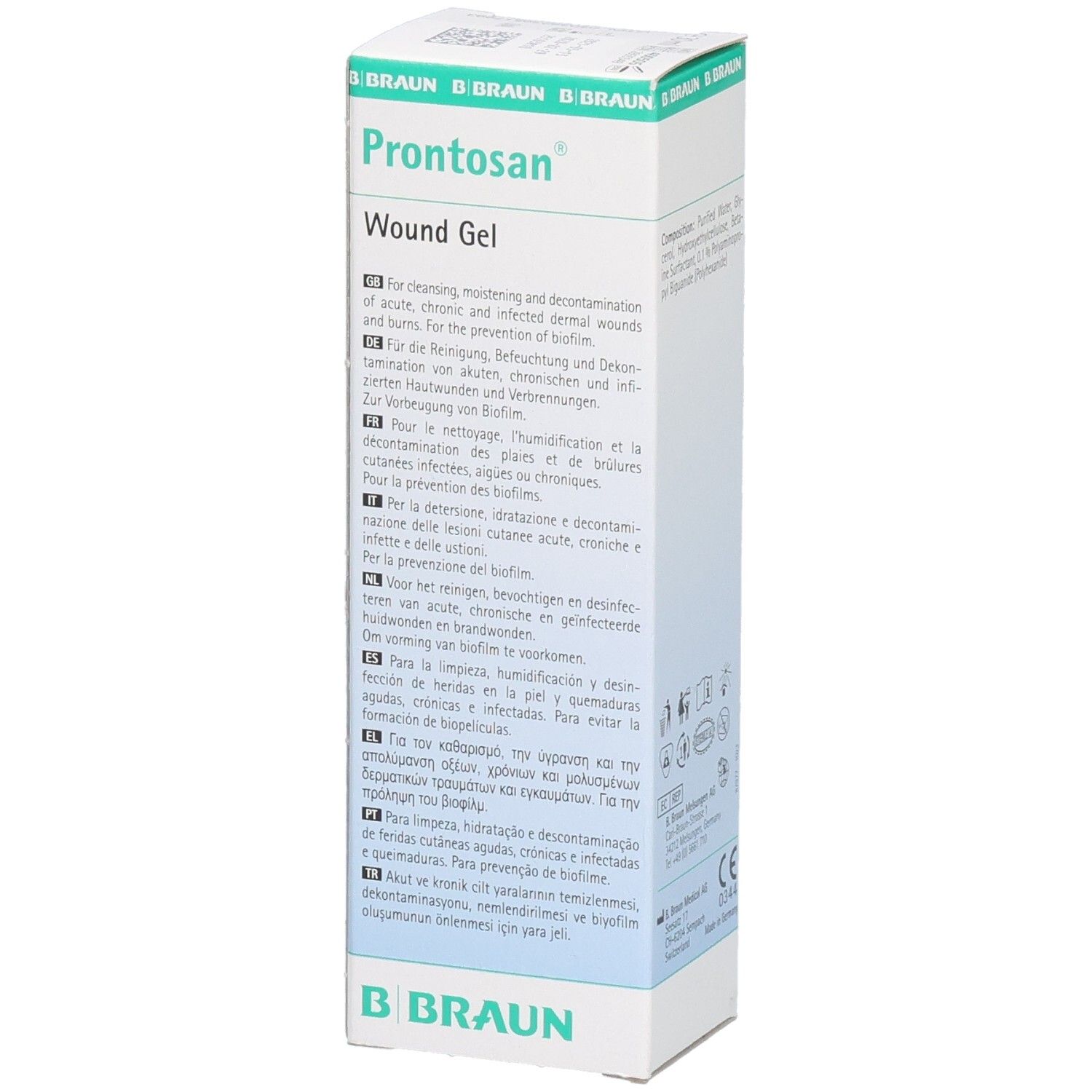 Seite der PRONTOSAN Wundgel Verpackung. Text in mehreren Sprachen. Produktname und Marke sichtbar.