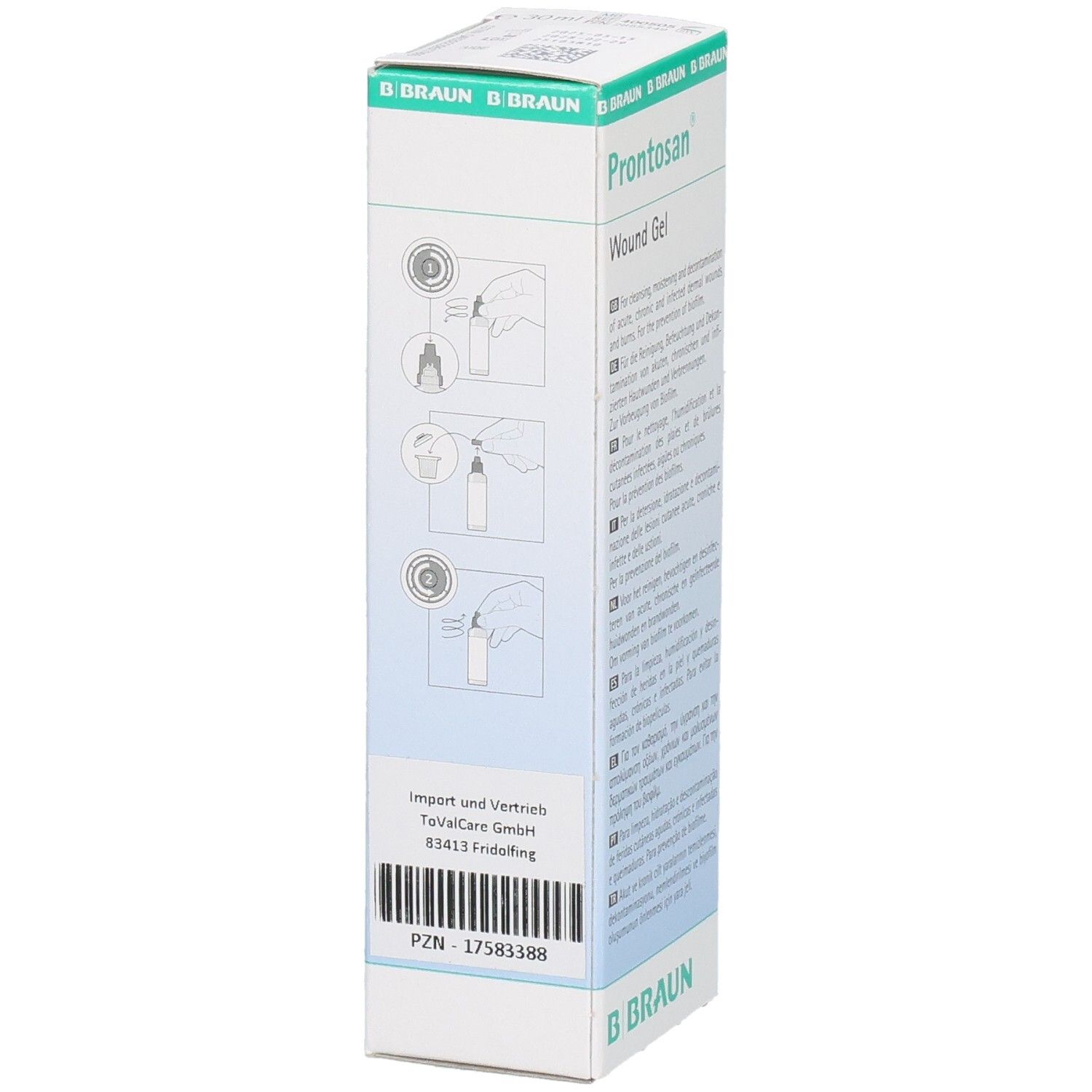 Seite der PRONTOSAN Wundgel Verpackung. Illustrationen zur Anwendung. PZN-Nummer sichtbar.