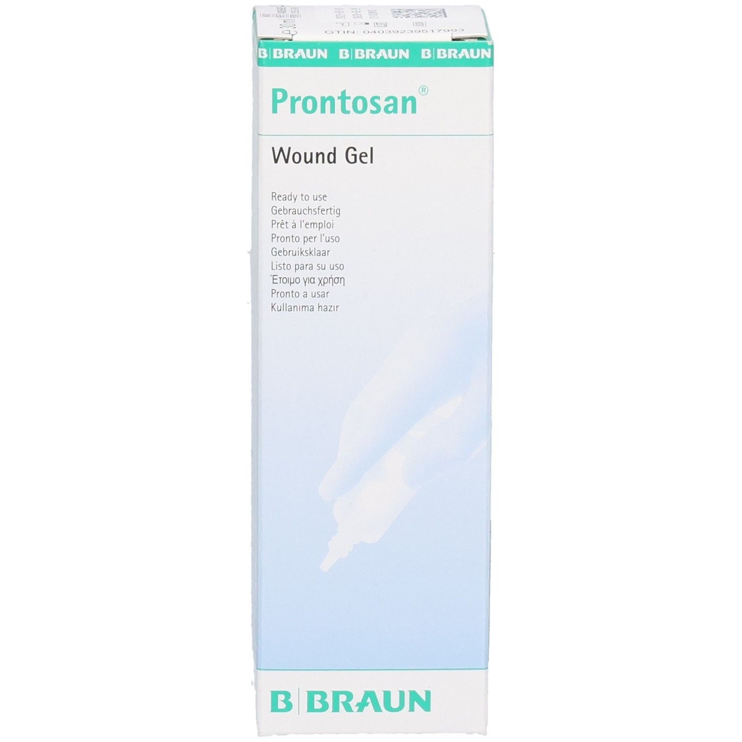 Vorderseite der PRONTOSAN Wundgel Verpackung. Produktname und Marke deutlich sichtbar. Text in mehreren Sprachen.