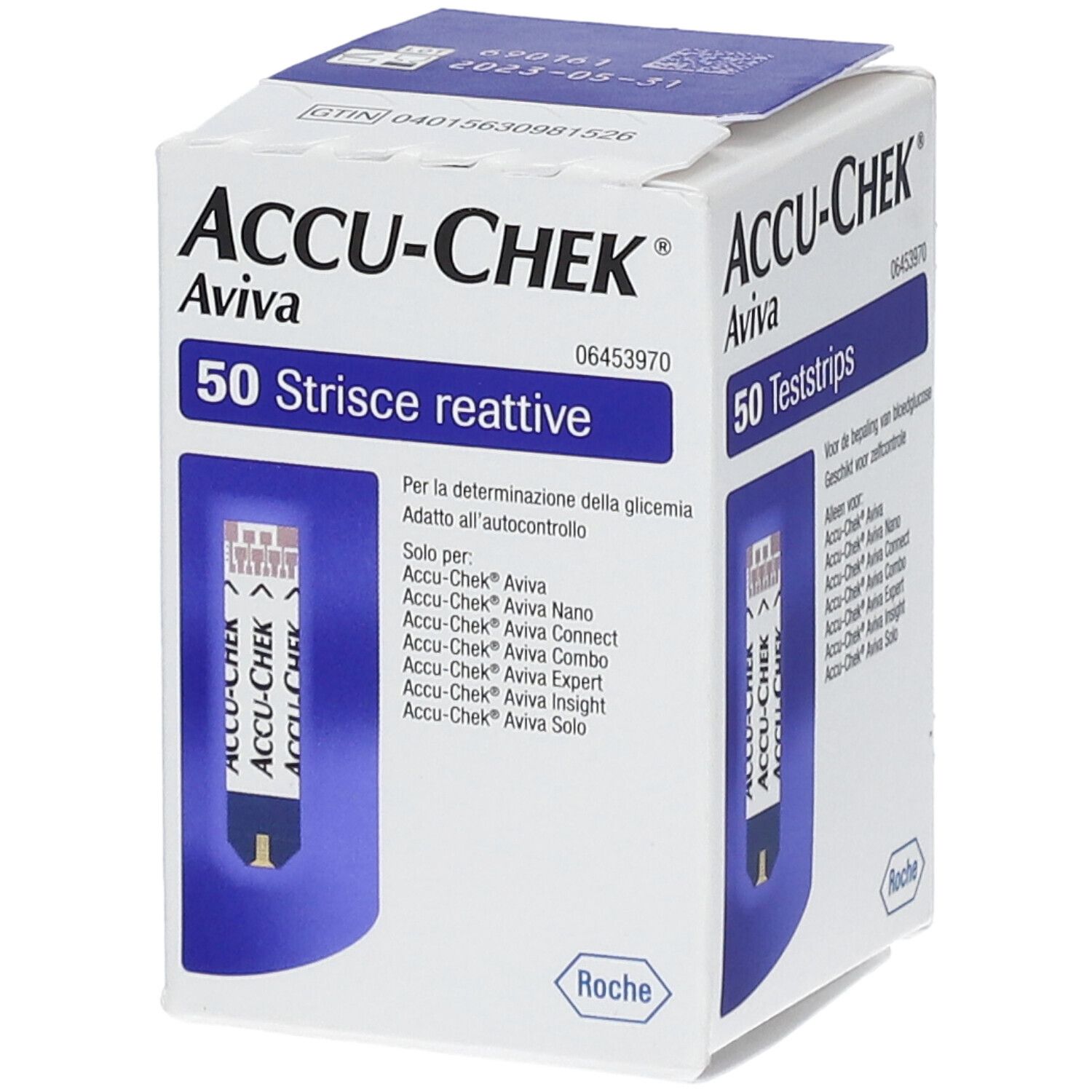 Schachtel ACCU-CHEK Aviva. 50 Teststreifen. Aufdruck: 50 Strisce reattive. Produktabbildung.