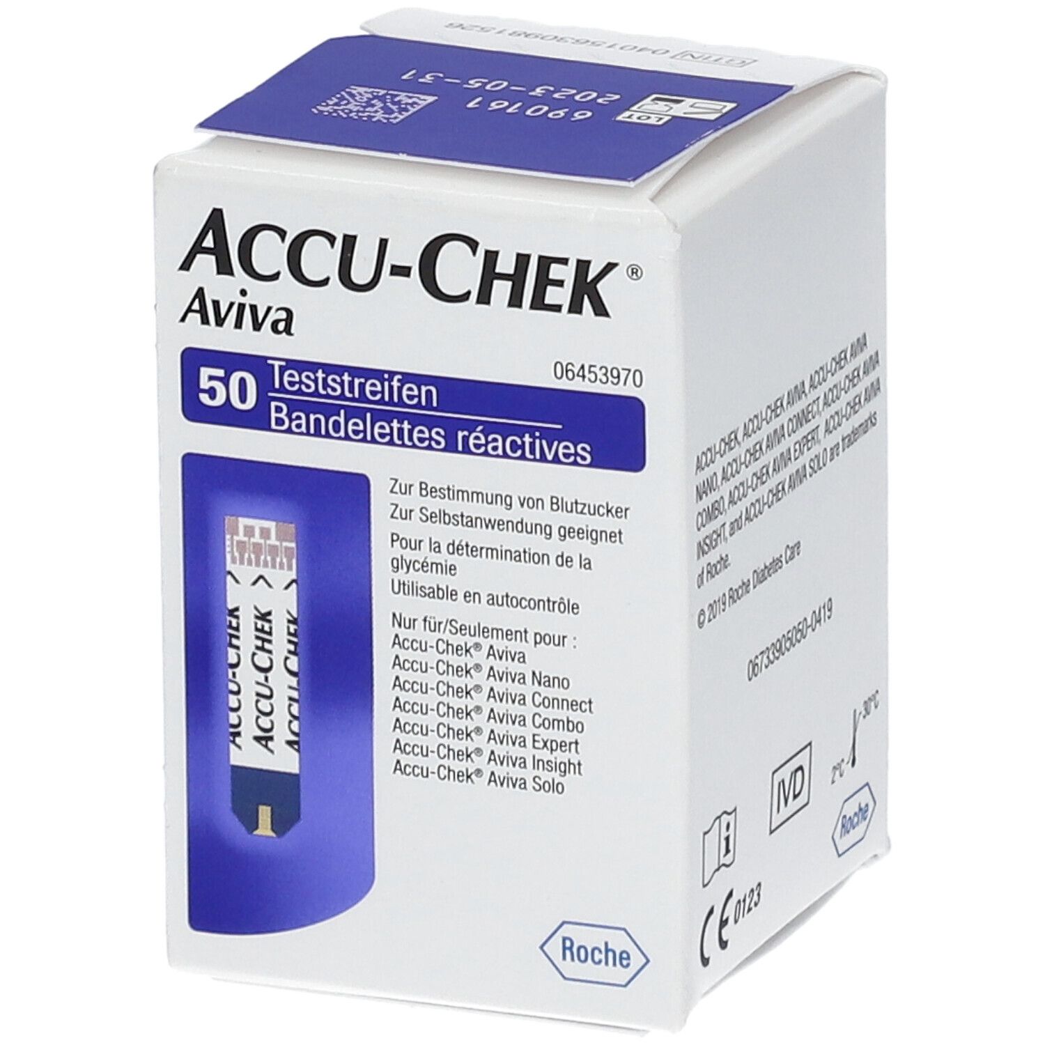 Schachtel ACCU-CHEK Aviva. 50 Teststreifen. Aufdruck: Bandellettes réactives. Produktabbildung.