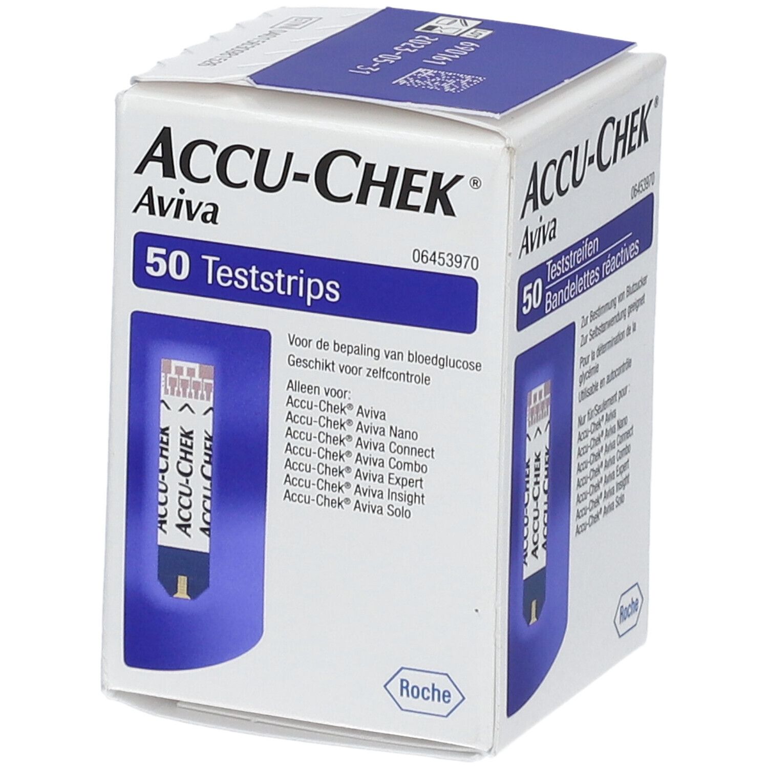 Schachtel ACCU-CHEK Aviva. 50 Teststreifen. Aufdruck: Teststrips. Produktabbildung.