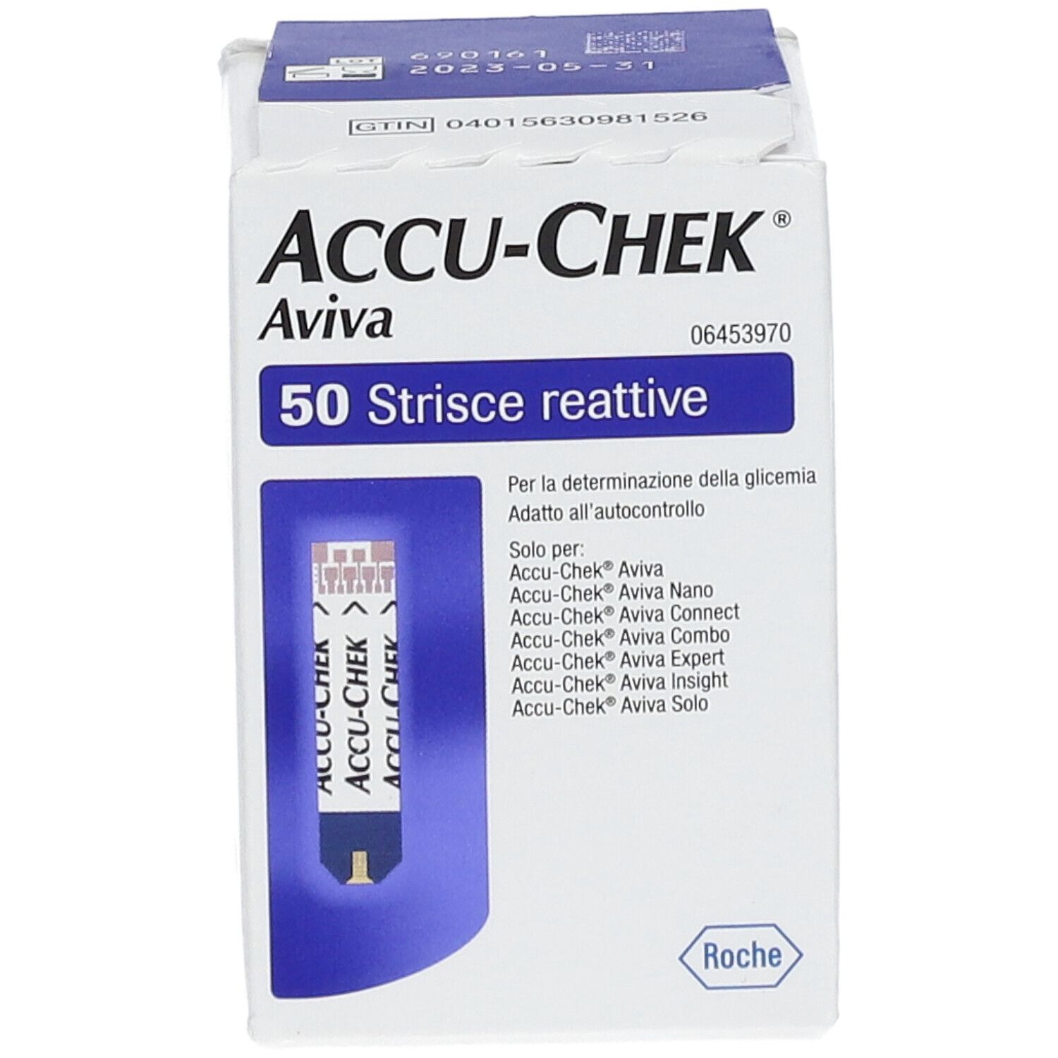 Schachtel ACCU-CHEK Aviva. 50 Strisce reattive. Produktabbildung. Text und Logos.