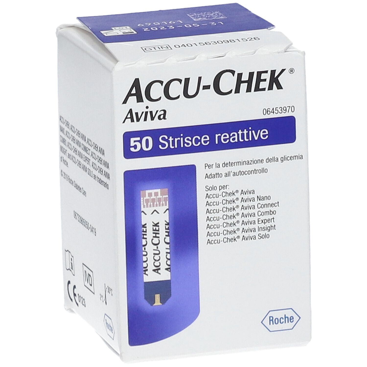 Schachtel ACCU-CHEK Aviva. 50 Strisce reattive. Produktabbildung. Text und Logos.