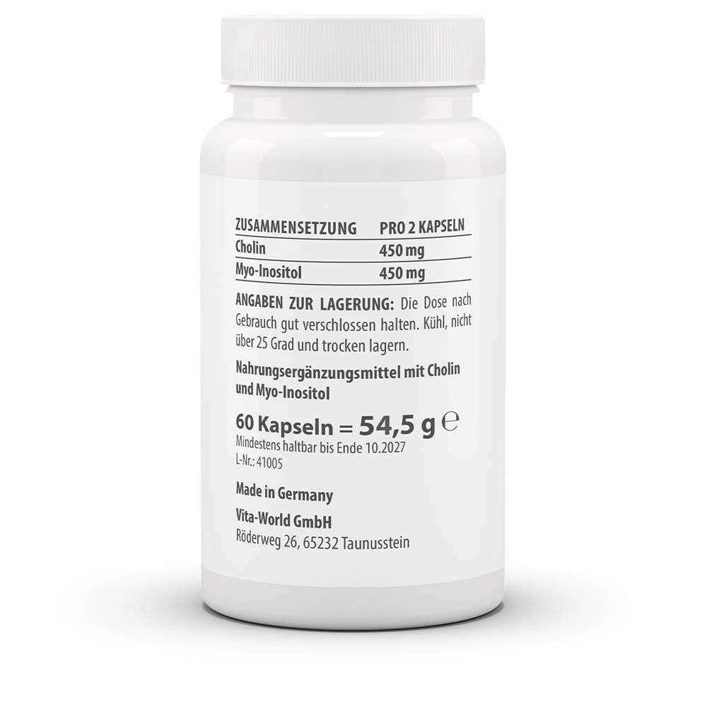 Rückseite der weißen Flasche. Angaben zur Zusammensetzung, Lagerung, Inhaltsstoffe. 60 Kapseln. Hergestellt in Deutschland.