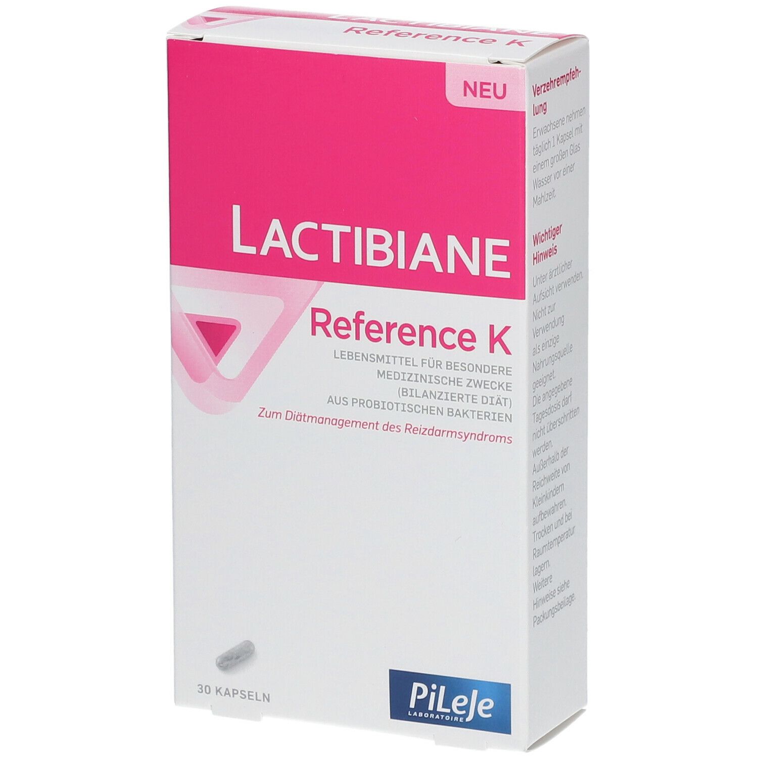Weißer Karton mit rosa Akzenten. Aufschrift: Lactibiane Reference K. 30 Kapseln. Marke Pileje.
