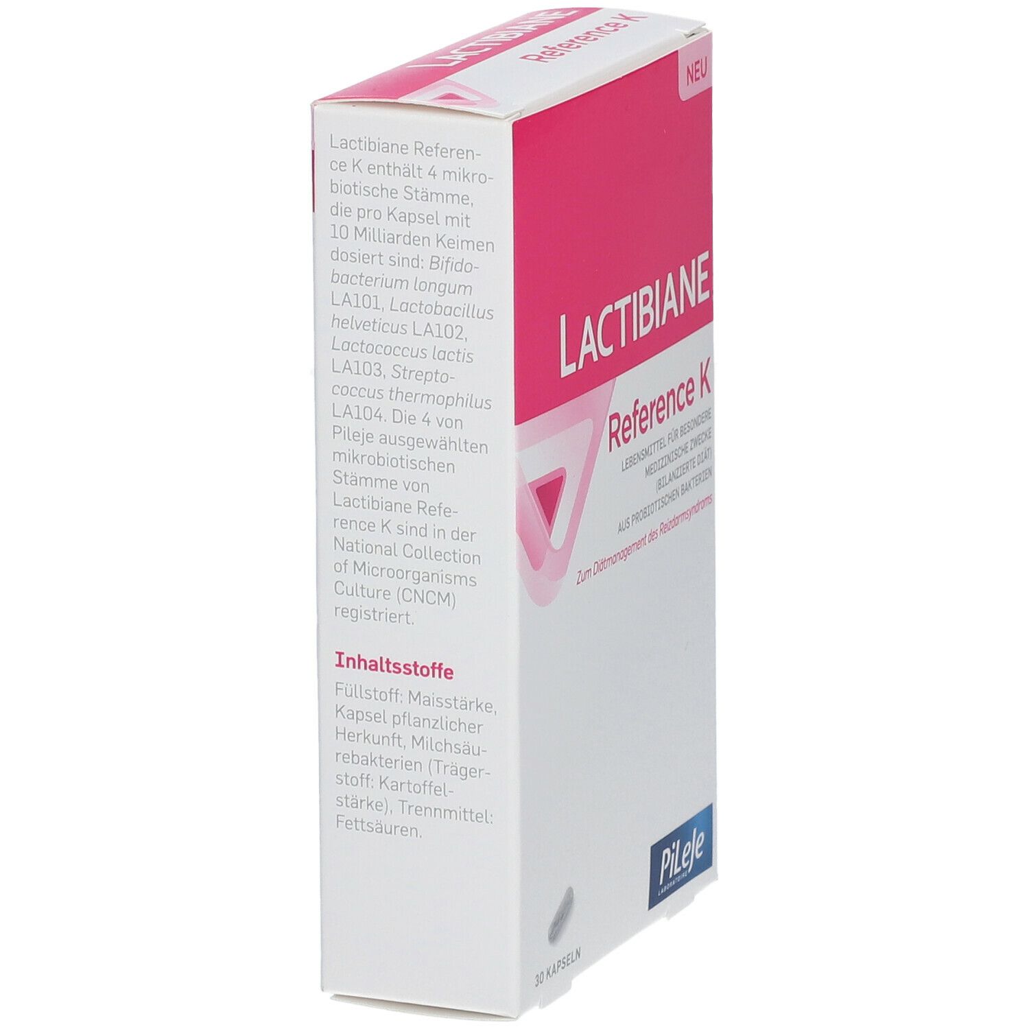Weißer Karton mit rosa Akzenten. Aufschrift: Lactibiane Reference K. Marke Pileje. Text über Inhaltsstoffe und Bakterienstämme.