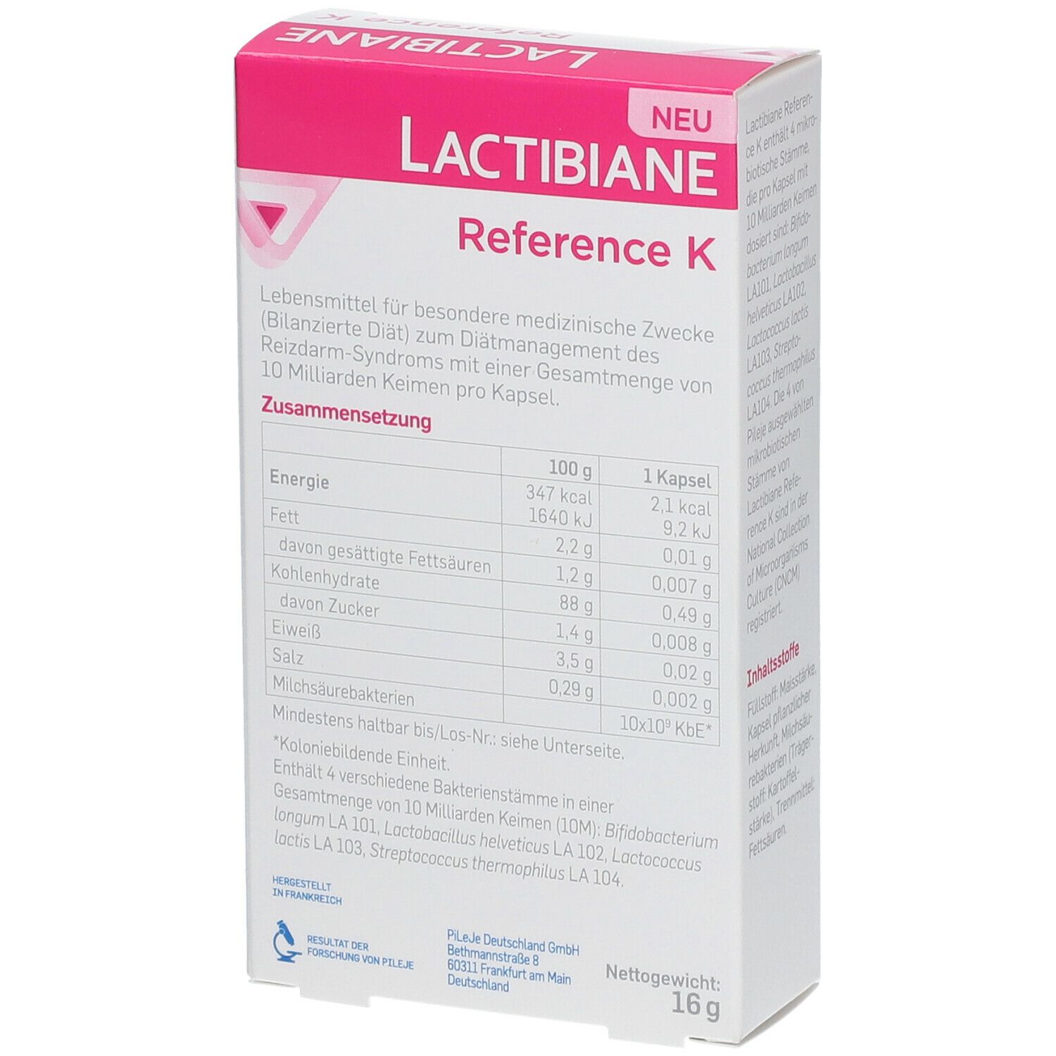 Weißer Karton mit rosa Akzenten. Aufschrift: Lactibiane Reference K. Nährwerttabelle. Marke Pileje. Nettogewicht 16g.