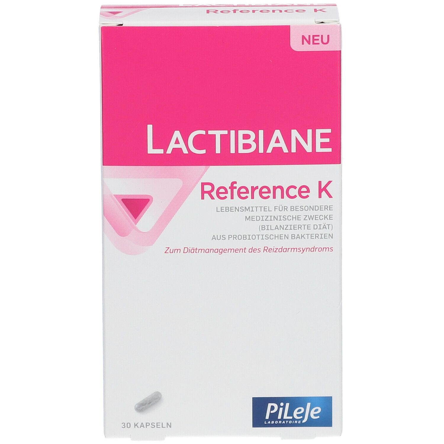 Weißer Karton mit rosa Akzenten. Aufschrift: Lactibiane Reference K. 30 Kapseln. Marke Pileje.