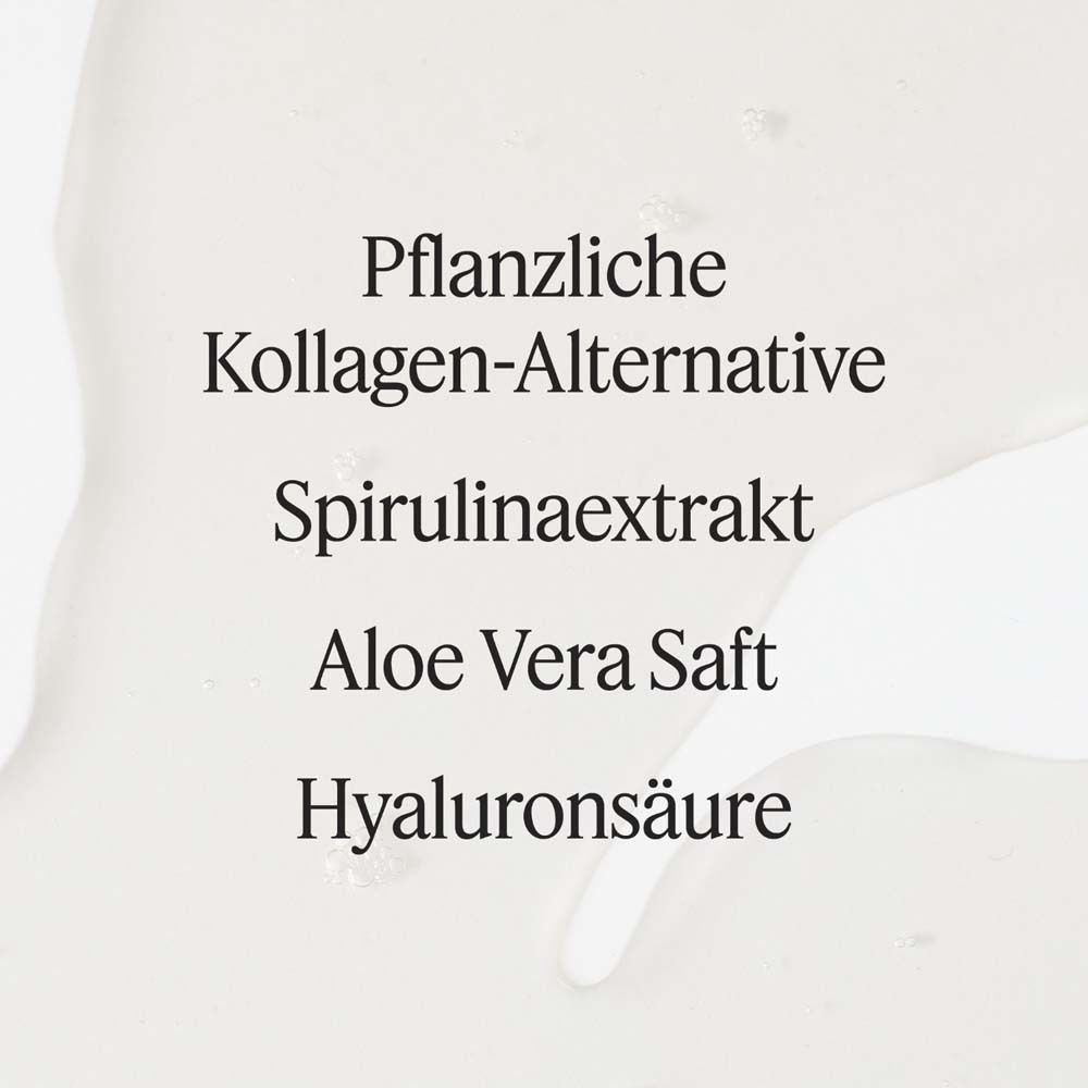 Text: Pflanzliche Kollagen-Alternative, Spirulinaextrakt, Aloe Vera Saft, Hyaluronsäure.