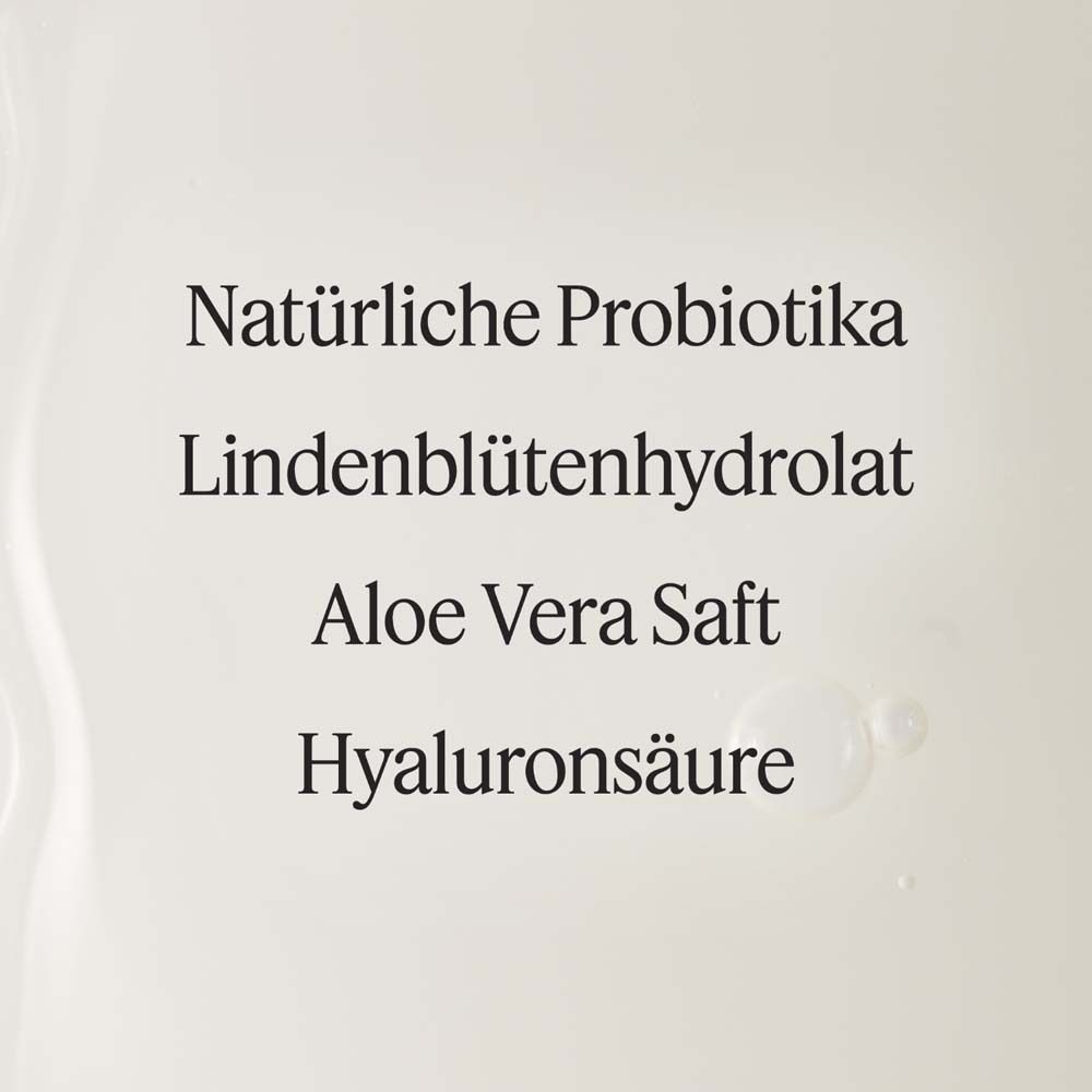 Text: Natürliche Probiotika, Lindenblütenhydrolat, Aloe Vera Saft, Hyaluronsäure.