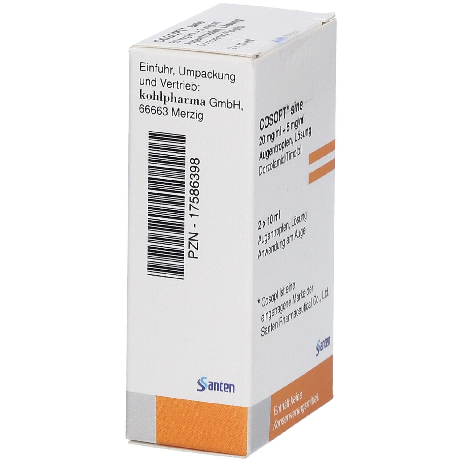 Einfuhr, Umpackung und Vertrieb: kohlpharma GmbH. PZN-17586398. COSOPT sine Augentropfen.