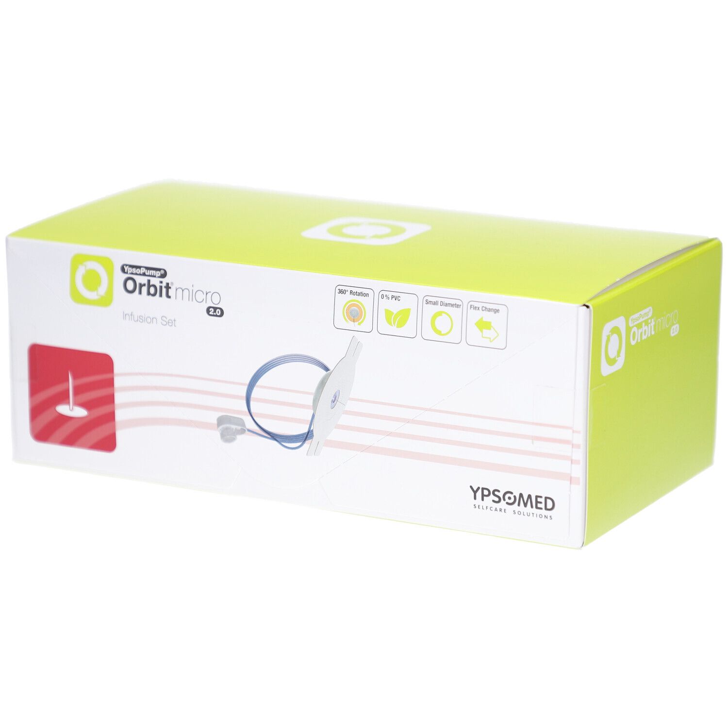 Verpackung von mylife YpsoPump Orbit micro Infusionsset. Grün-weiße Box mit Produktabbildung und Logos.