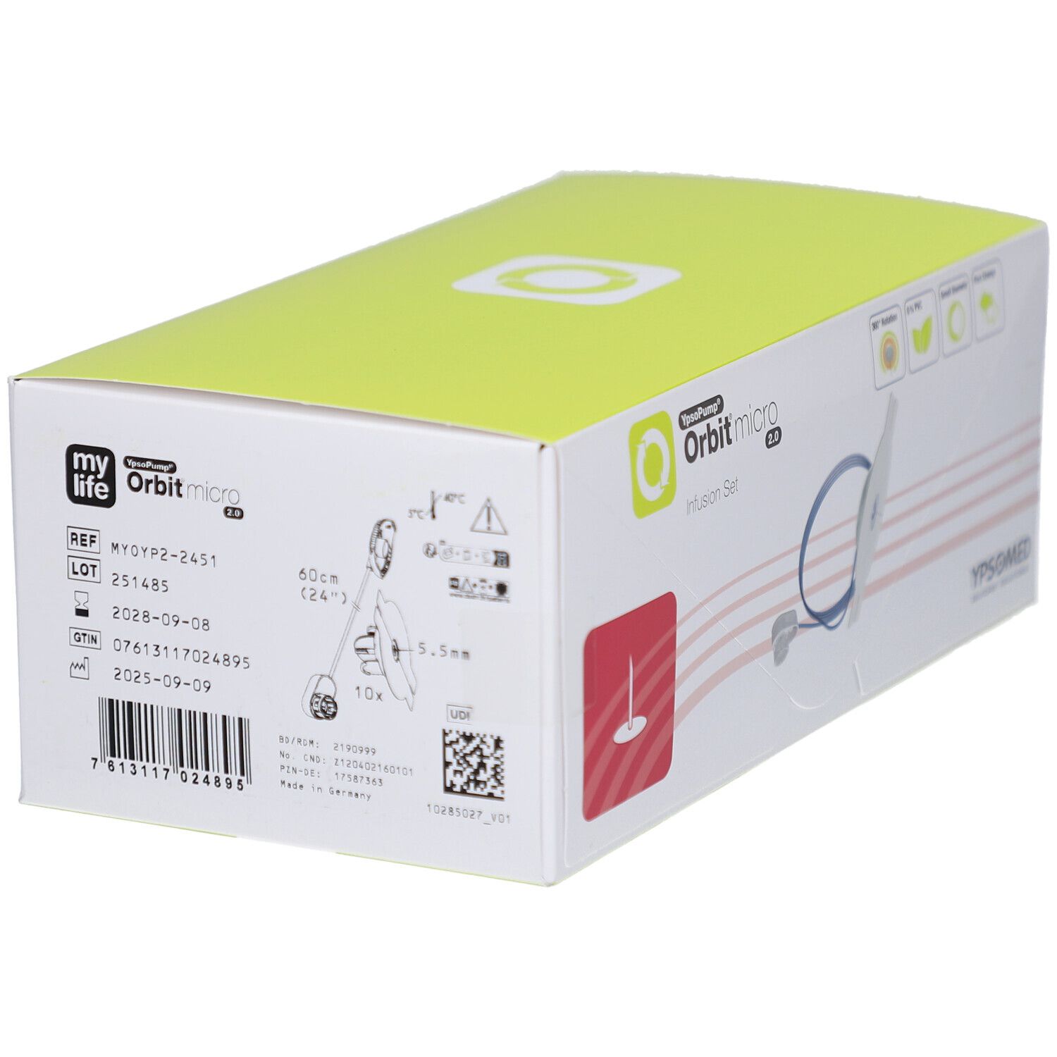 Verpackung von mylife YpsoPump Orbit micro Infusionsset. Box mit Produktinformationen und Logos.