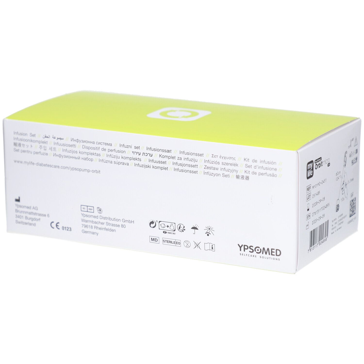Rückseite der Verpackung von mylife YpsoPump Orbit micro Infusionsset. Text und Logos.
