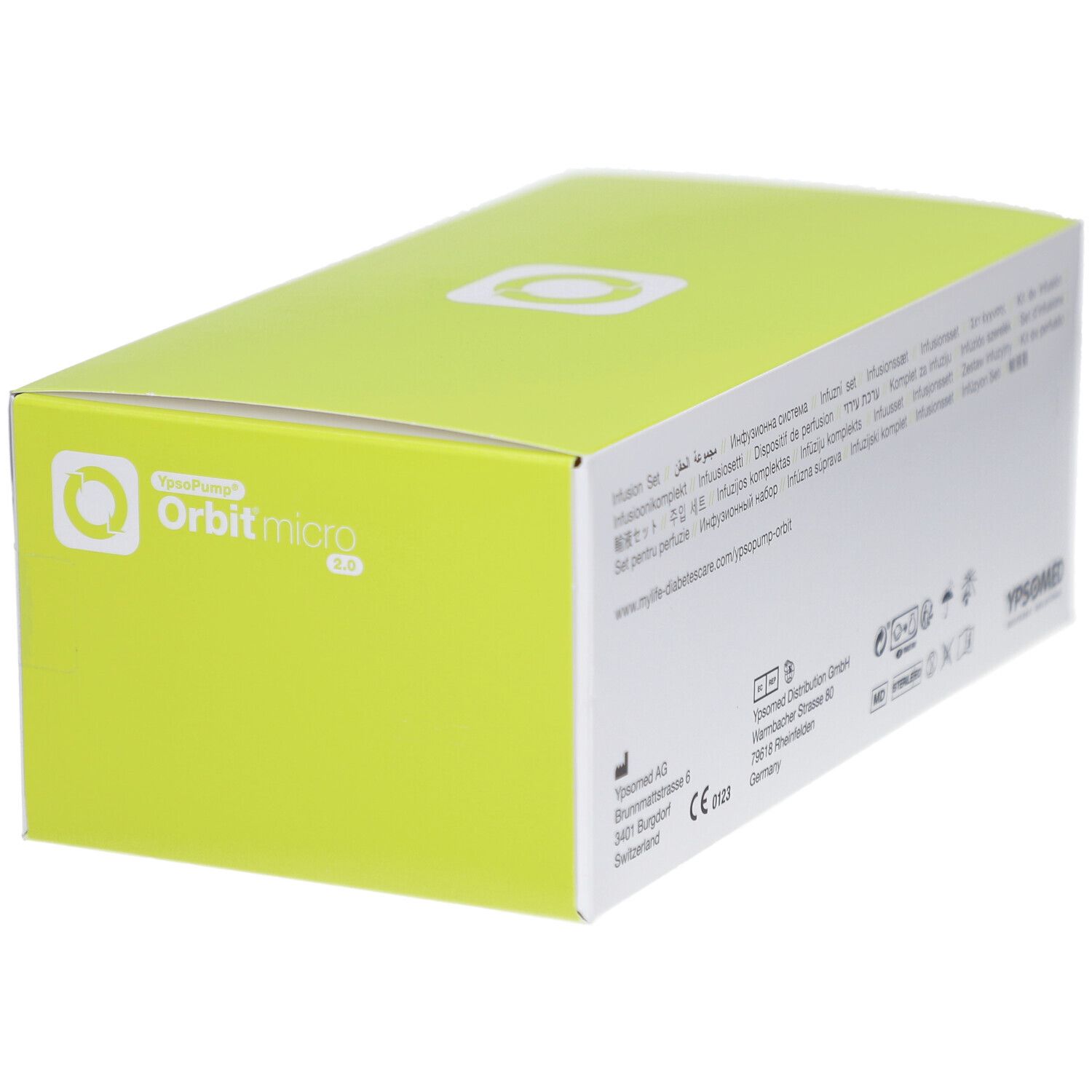 Verpackung von mylife YpsoPump Orbit micro Infusionsset. Box mit Produktinformationen und Logos.