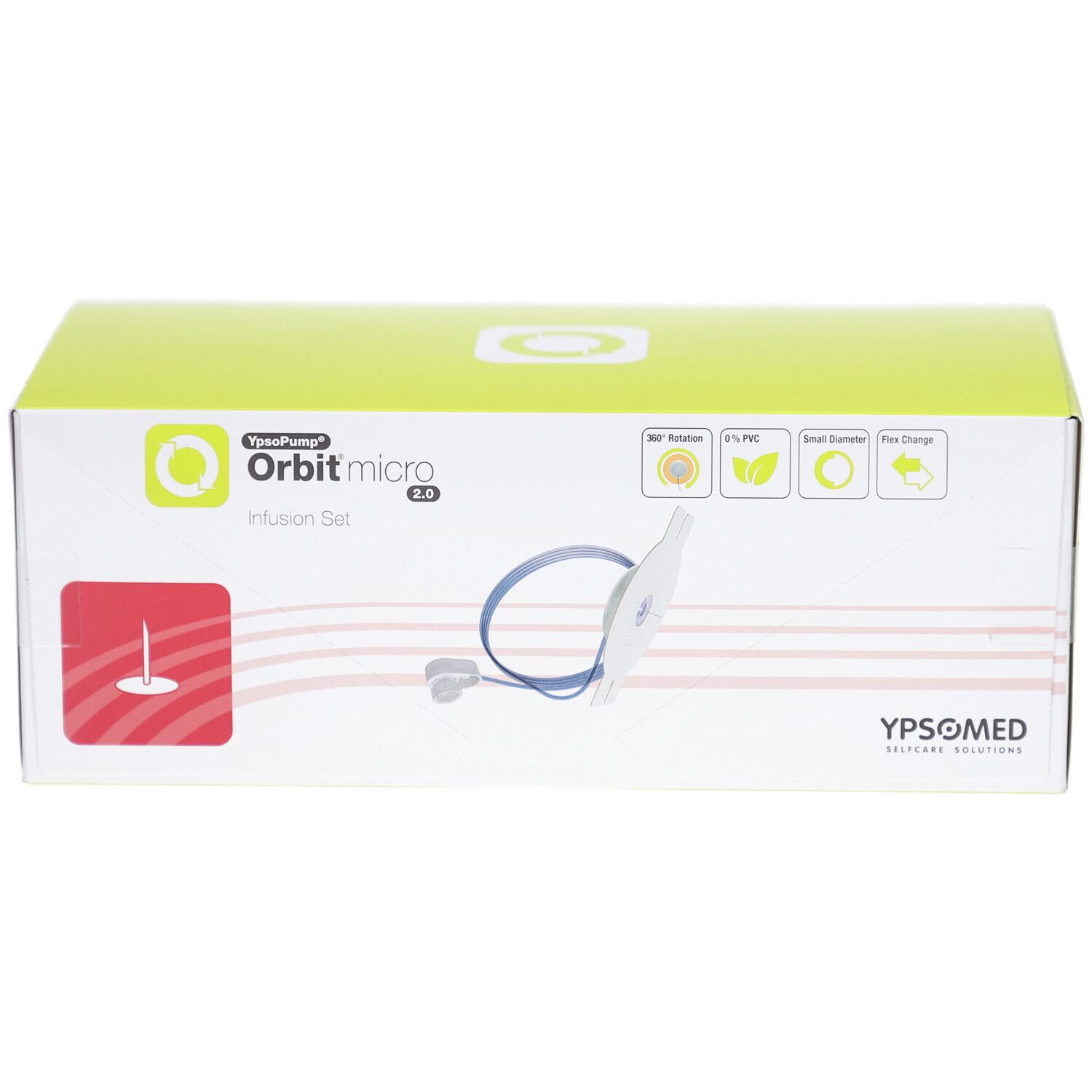 Verpackung von mylife YpsoPump Orbit micro Infusionsset. Box mit Produktabbildung und Logos.