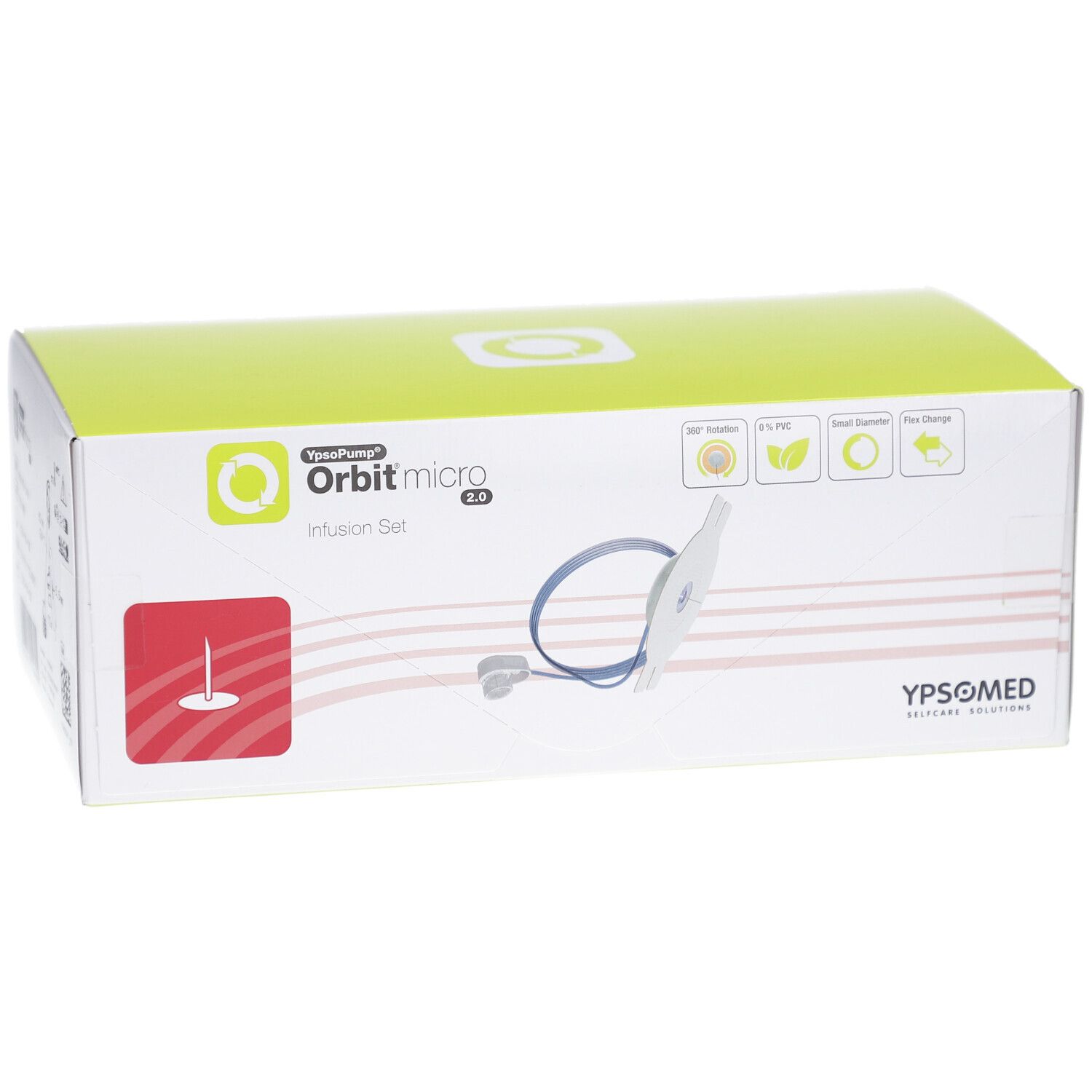Verpackung von mylife YpsoPump Orbit micro Infusionsset. Box mit Produktabbildung und Logos.