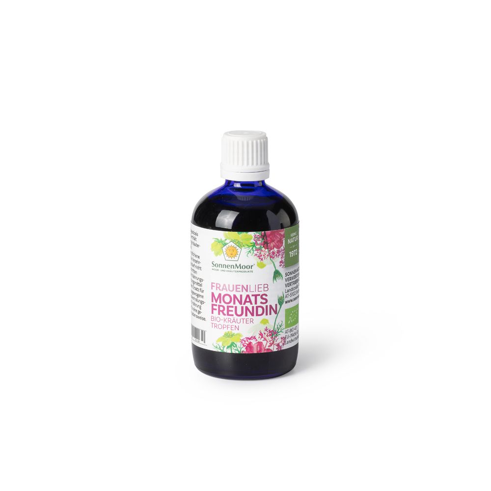 Braune Glasflasche mit blauem Hals und weißem Verschluss. Aufschrift: FRAUENLIEB MONATS FREUNDIN BIO-KRÄUTER TROPFEN. Mit Bio-Siegel.