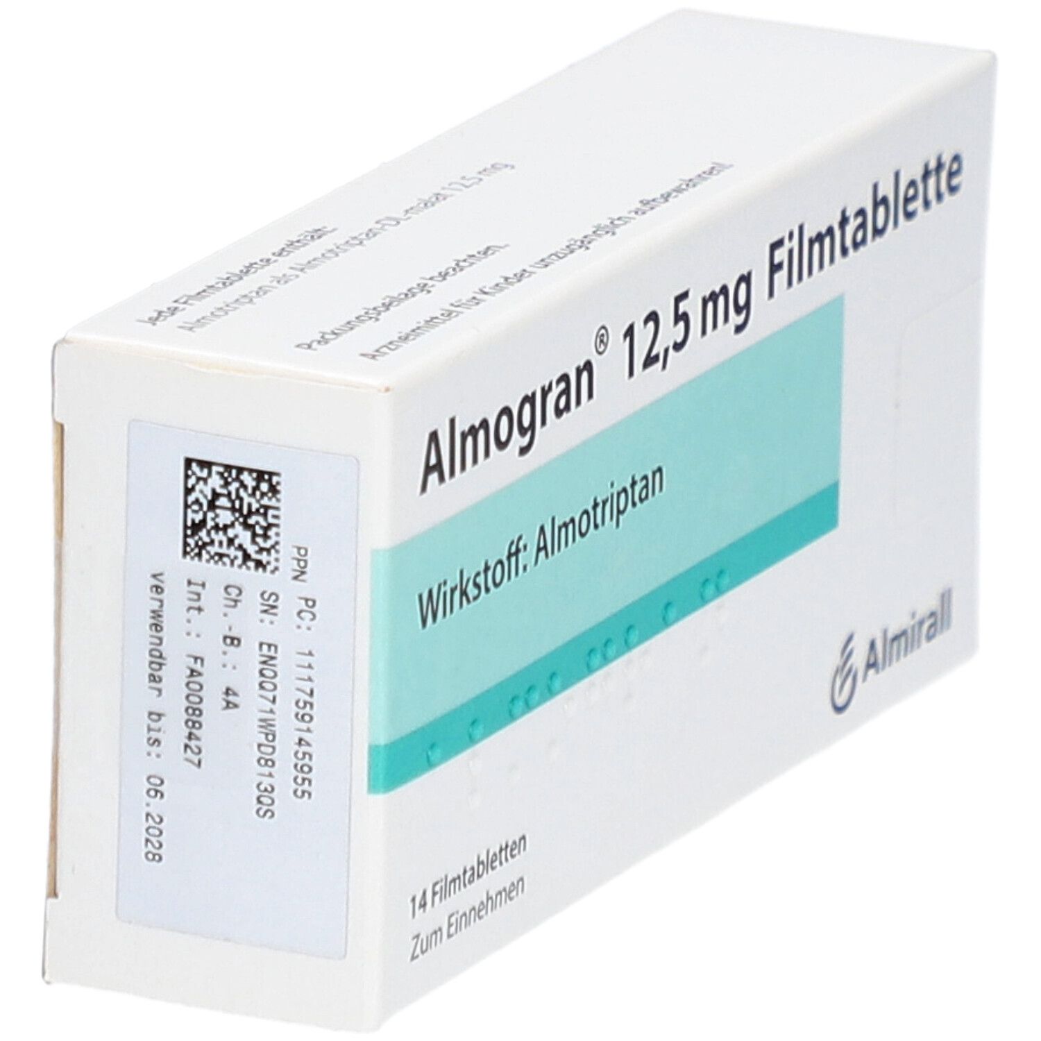 Schachtel Almogran® 12,5 mg Filmtablette. Aufdruck mit Produktinformationen und Barcode. Marke Almirall.