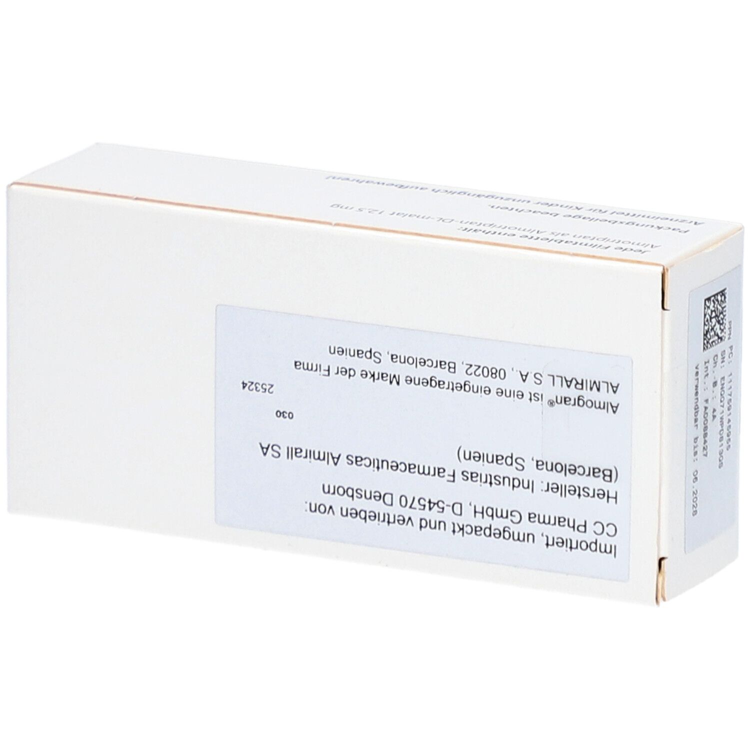 Weiße Schachtel mit Produktinformationen. Hersteller- und Importeurangaben. Marke Almogran.
