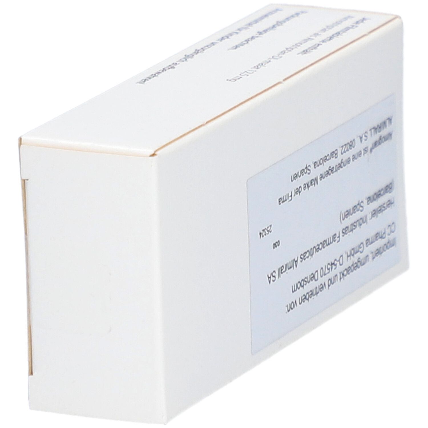 Weiße Schachtel mit Produktinformationen. Hersteller- und Importeurangaben. Marke Almogran.