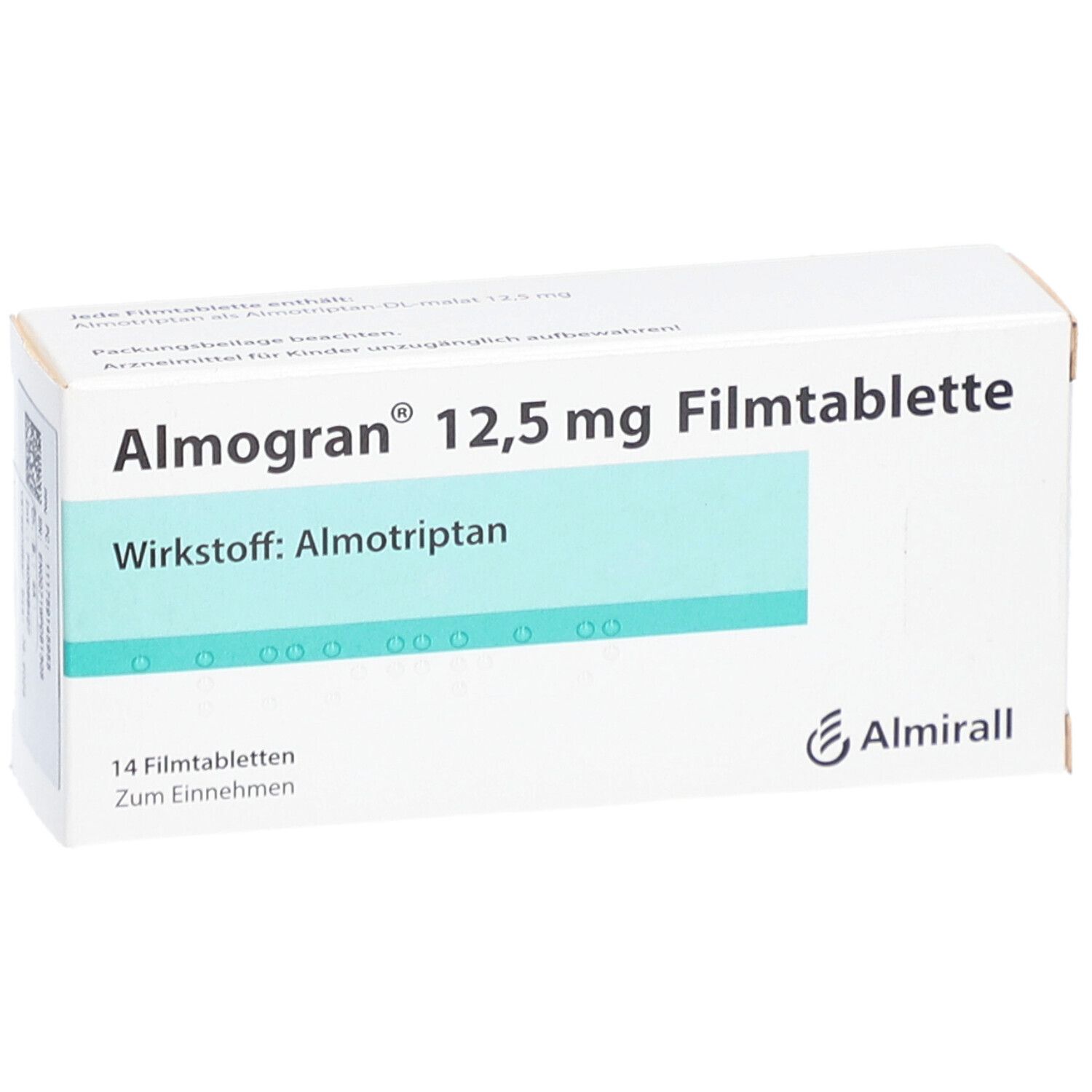 Weiße Schachtel mit Aufschrift Almogran® 12,5 mg Filmtablette. Enthält 14 Tabletten. Marke Almirall.