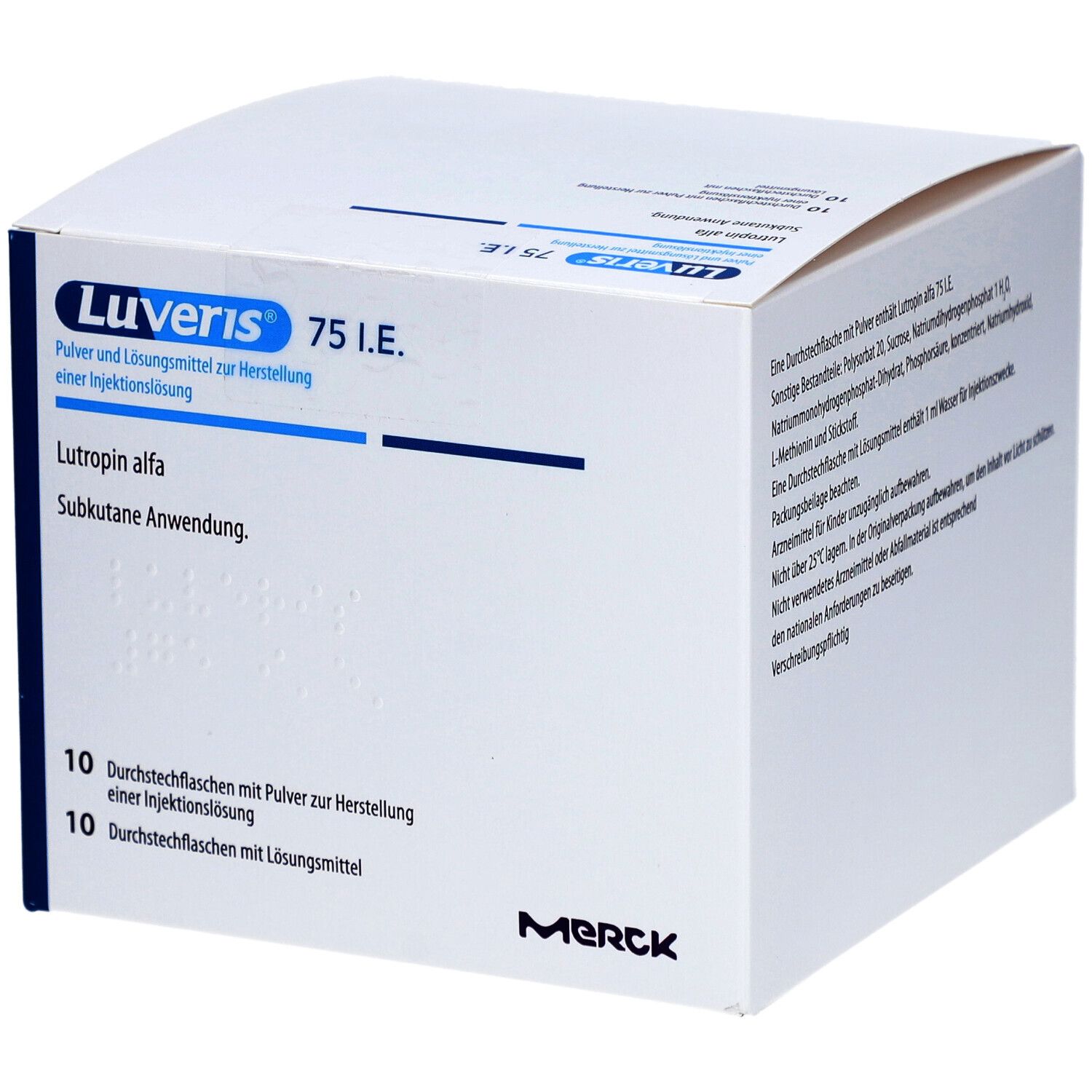 Weiße Faltschachtel mit Aufschrift 'Luveris 75 I.E.' und 'Lutropin alfa'. Enthält 10 Durchstechflaschen mit Pulver und Lösungsmittel.